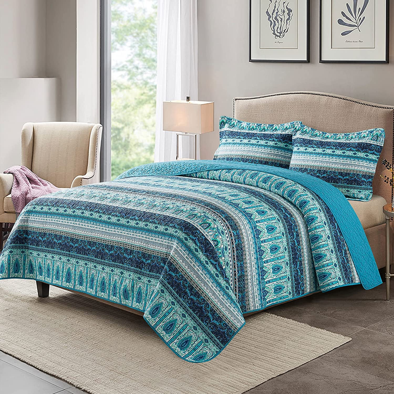 NEWLAKE Striped Jacquard Style Cotton 3-Piece Patchwork Bedspread Quilt Sets  King Size