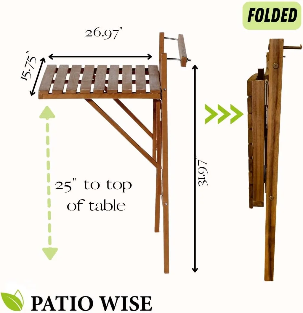 Outdoor Folding Balcony Table, Foldable Acacia Wood Deck Bar, Portable Apartment, Balcony, Railing, & Porch Furniture, 27-Inches W x 15 3/4-Inches D x 31.97-Inches H, Teak