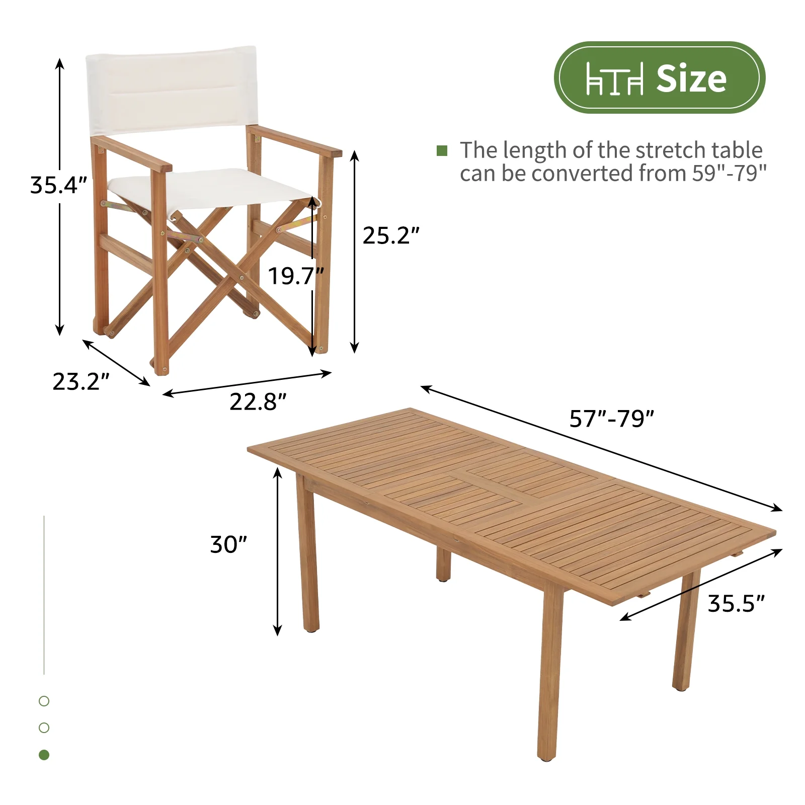 OC Orange-Casual 5 Piece Patio Dining Set, Outdoor Acacia Wood Furniture Set, Extendable Rectangular Table and 4 Folding Director chairs w/Soft Padding, FSC Certified, for Deck Garden Backyard