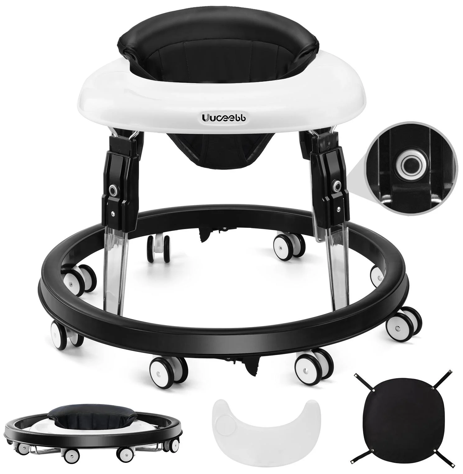Uuoeebb Foldable Baby Walker Anti-Rollover 8-Wheel 5-Speed Height Adjustment for Infants 6-12 Months, Black