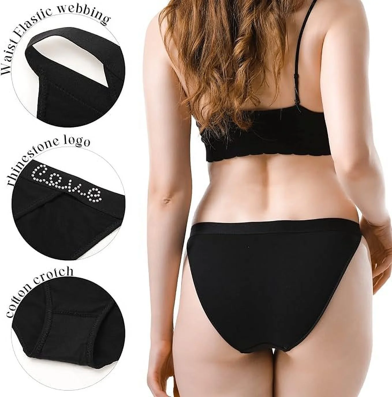 LEVAO Cotton Underwear Women Cheeky Panties Rhinestone Logo Low Rise String Bikini Panties 6 Pack S-XL