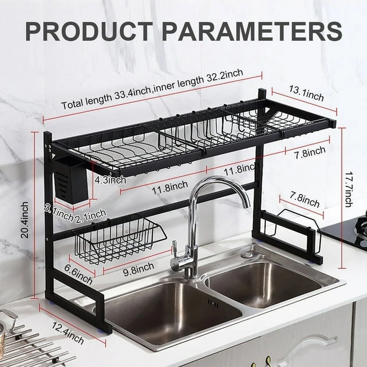 Over The Sink Dish Drying Rack, Large Stainless Steel Drainage Rack 2 Tier Dish Drainer Kitchen Count Organization and Storage 33.4 Inch