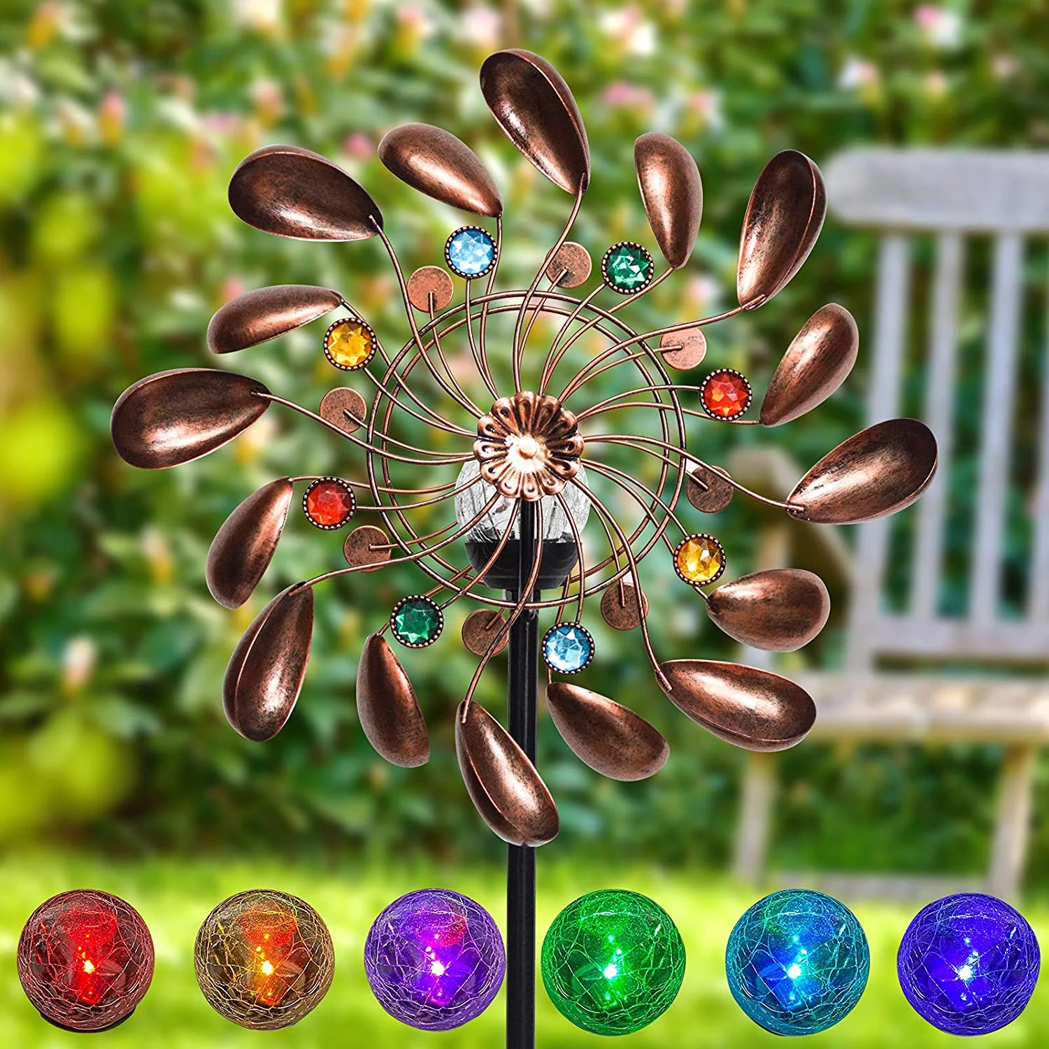 ALLADINBOX 57 Inch Solar Wind Spinner, Glass Ball Windmill Sculpture with Kinetic Dual Direction, Outdoor Garden LED Lights with Multi Color Changing Glass Ball Windmills for Yard Patio Lawn Decor