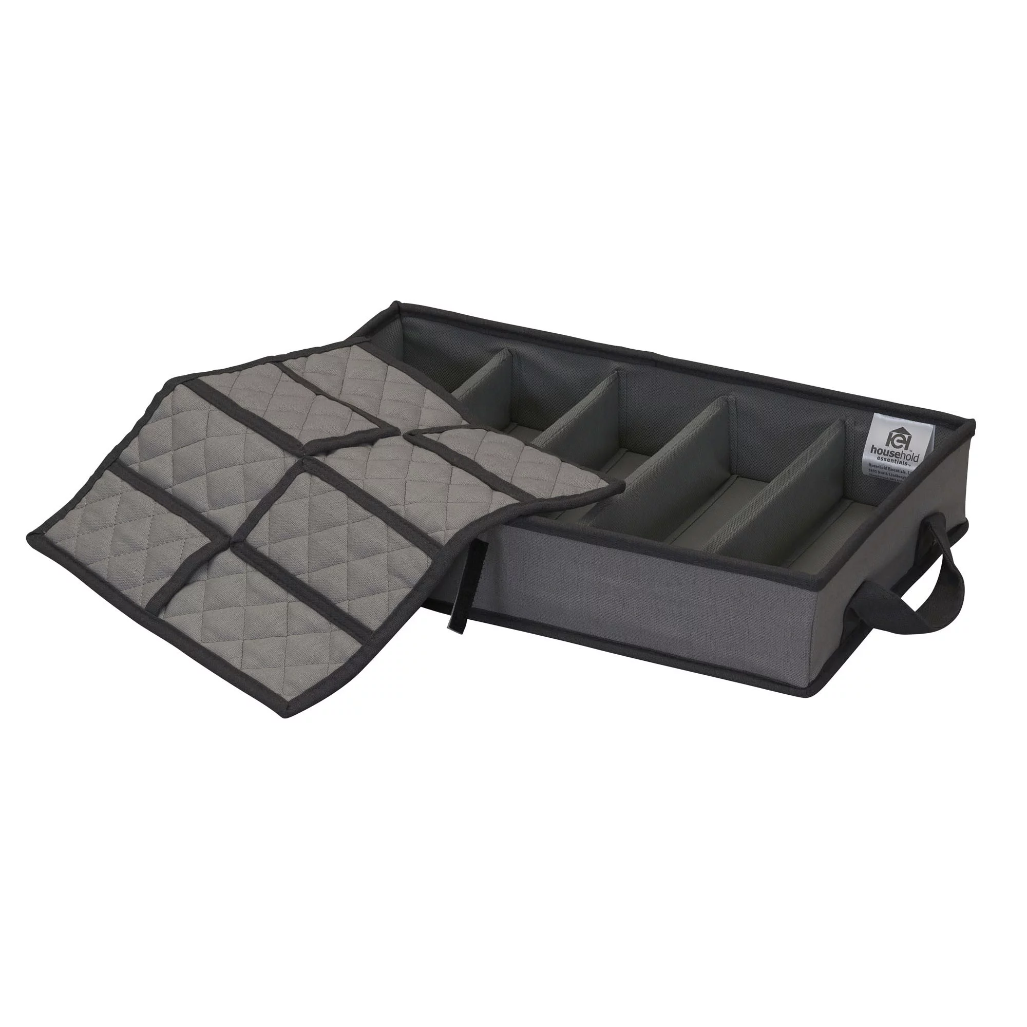 Household Essentials Windowed Flatware Storage Chest, 5 Compartment Storage with Serving Utensil Pouch, Removable Lid, Stackable, Foldable, Gray