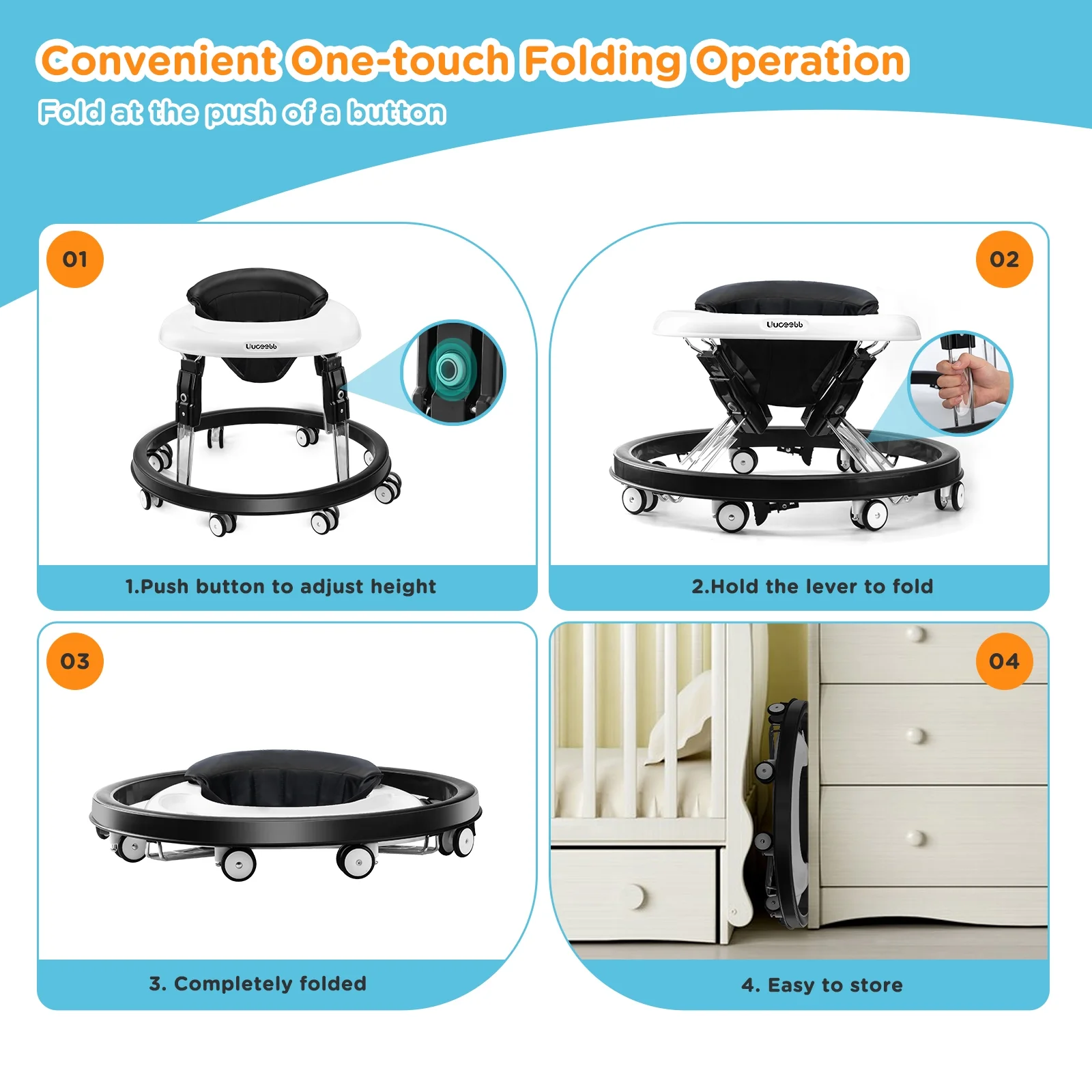 Uuoeebb Foldable Baby Walker Anti-Rollover 8-Wheel 5-Speed Height Adjustment for Infants 6-12 Months, Black