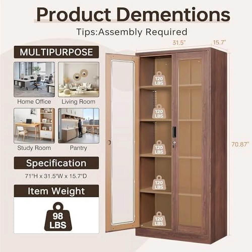 YFbiubiulife Glass Display Cabinet Curio Cabinet with Glass Door and Adjustable Shelves  71" Tall Freestanding Steel Kitchen Pantry Cabinet Bookcase Metal Locker  Cabinet for Home  Li