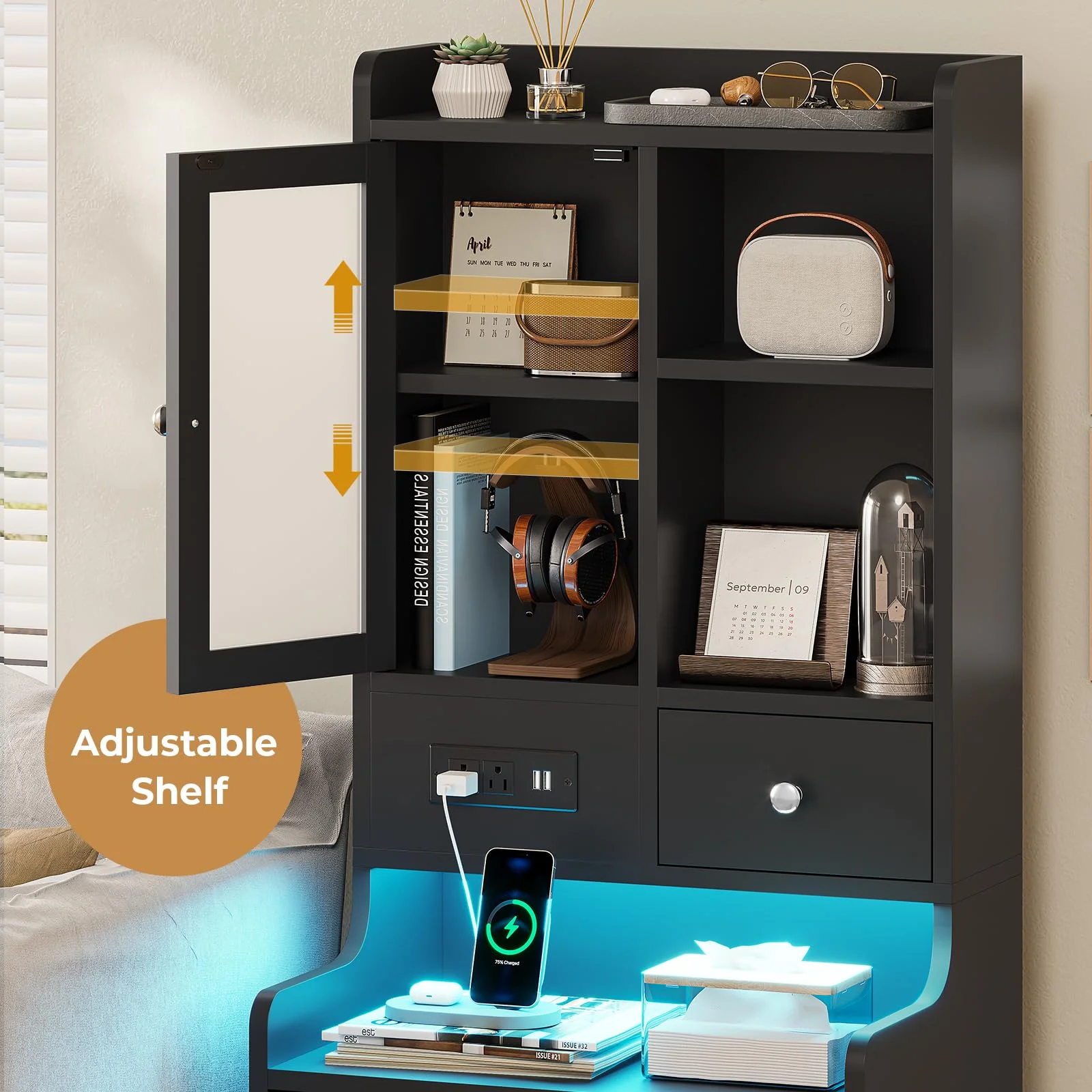Tall Night Stand with Charging Station and LED Lights,49.2