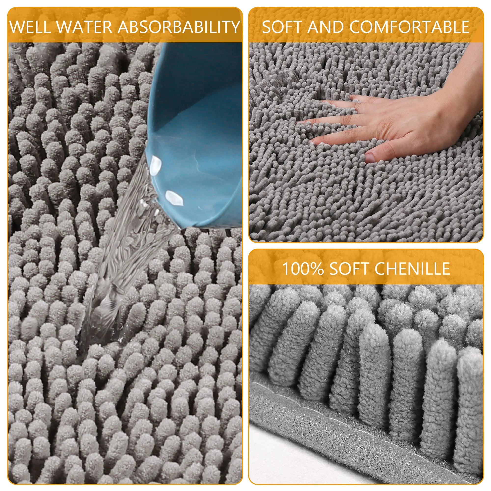 Tripumer 3 Pcs Chenille Bathroom Rug Sets Shaggy Bath Mat Set Carpet Extra Thick Soft Absorbent Bath Rugs Soft Non Slip Machine Wash Light Gray