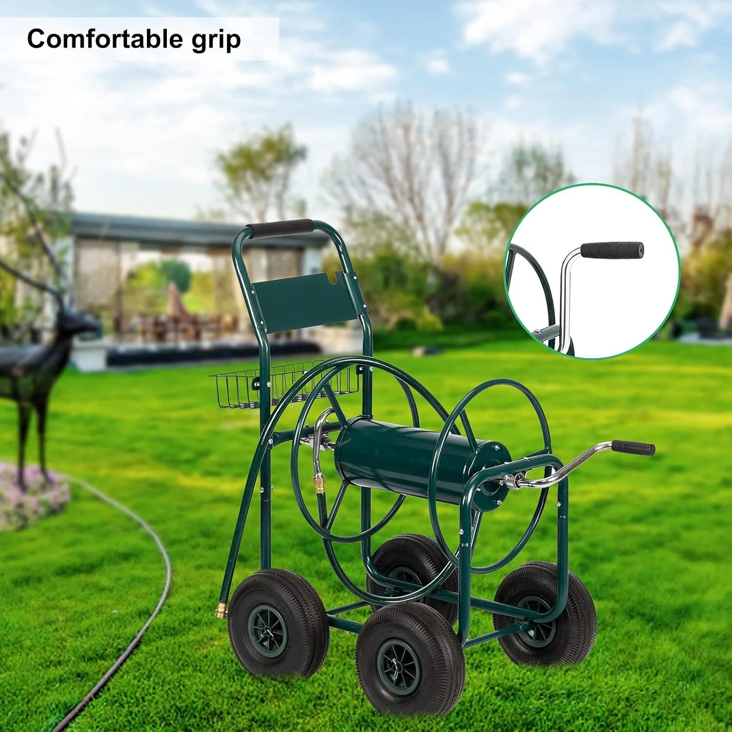 Oufan Garden Hose Reel Cart, Lawn Water Planting Cart with Wheels, Heavy Duty Outdoor Yard Water Planting Truck Holds 300-Feet of 5/8-Inch Hose with Storage Basket for Patio Farm(Green)
