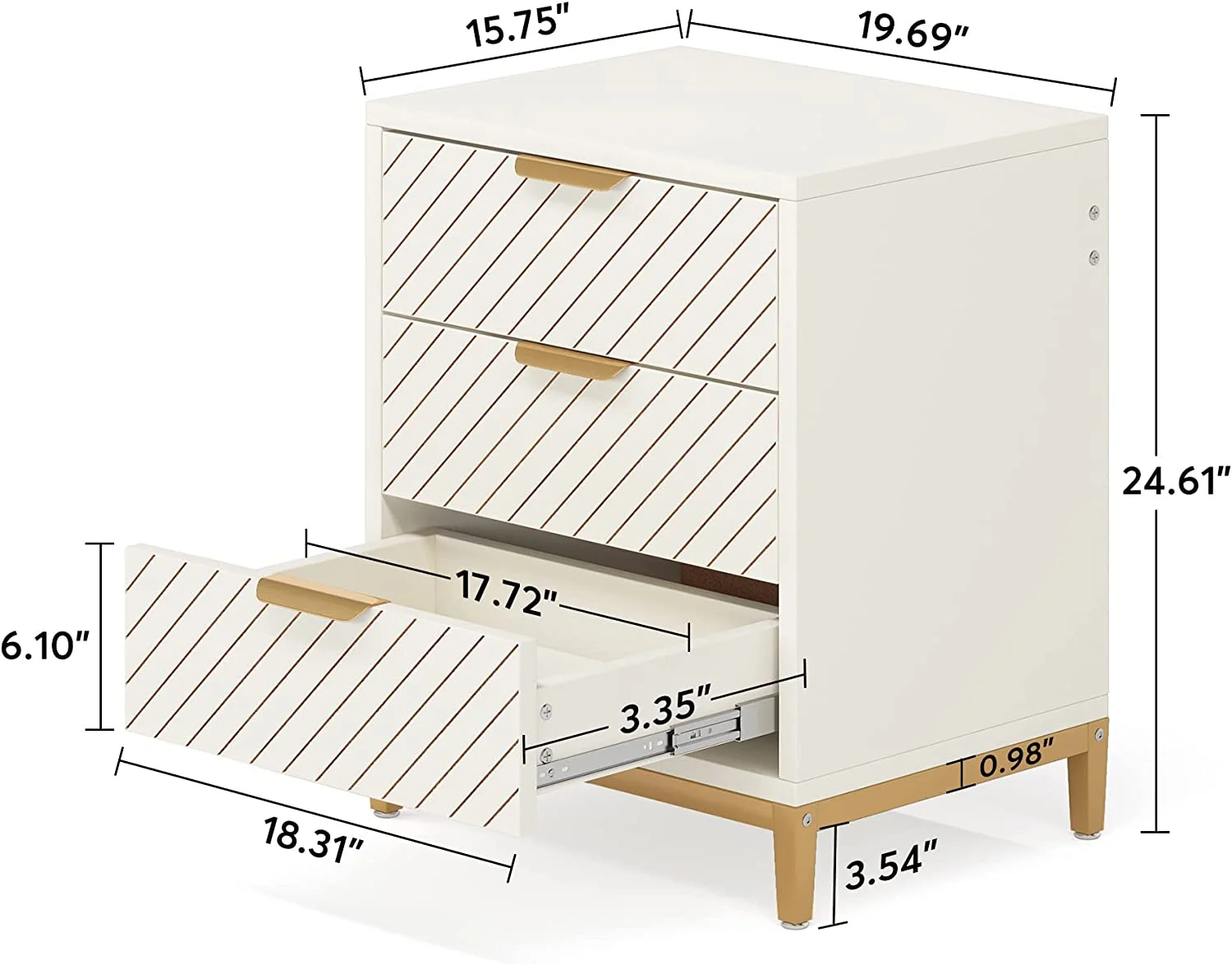 Tribesigns 3 Drawers Night Stands for Bedrooms, Light Wood Grain Nightstands, Bedside End Tables Storage for Living Room (1pc, White & Gold)
