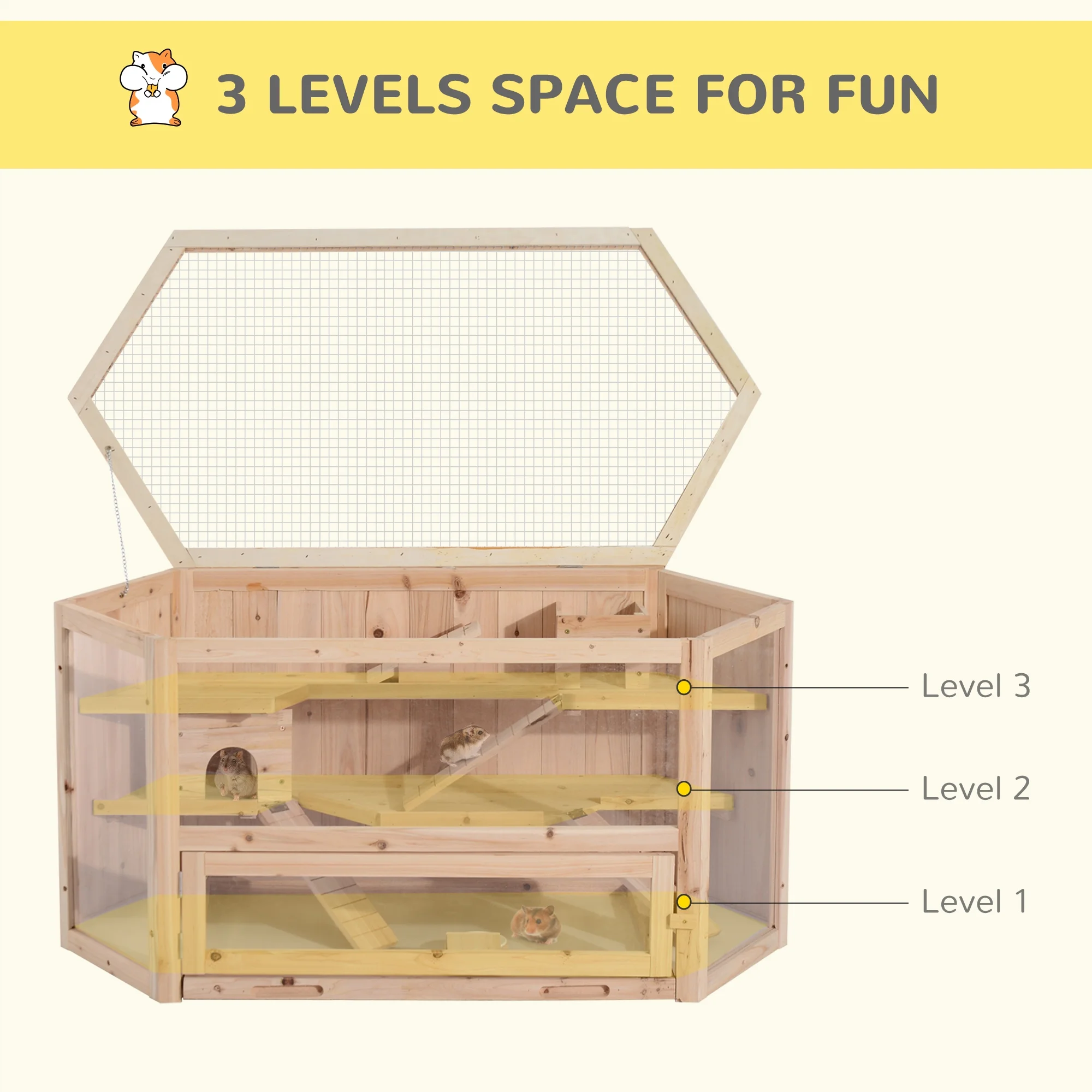 Pawhut Compatible Wooden 3-Tier Hamster Cage Hutch Box with Seesaw, Natural