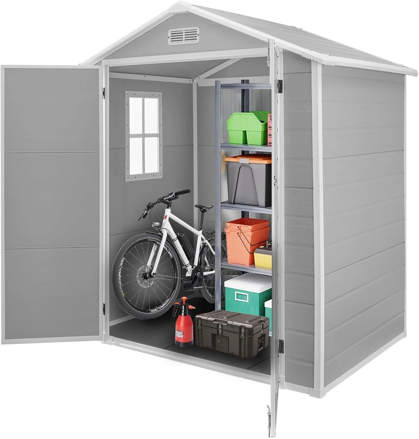 Outdoor Storage Shed, Lofka 6' x 4' Resin Outdoor Shed, Gray/White