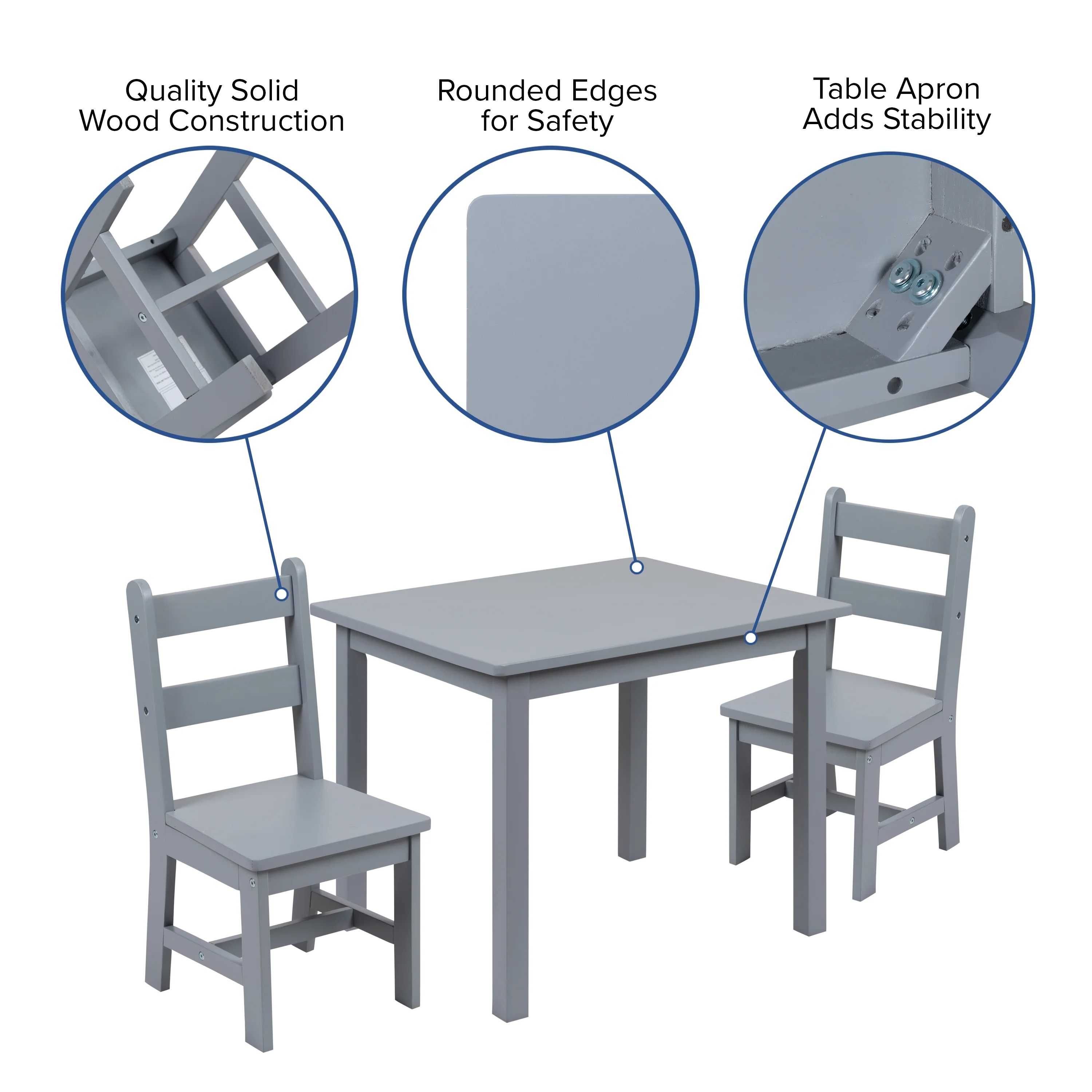 Emma + Oliver Kids 3 Piece Solid Hardwood Table and Chair Set for Playroom, Kitchen - Gray