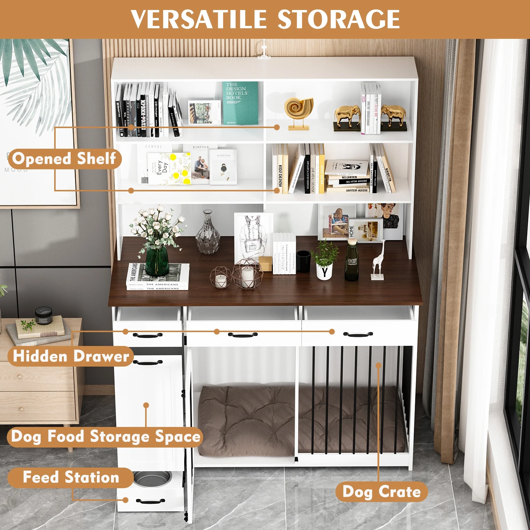 NARTRU Dog Crate Furniture with Storage, Wooden Dog Crate Cabinet with Dog Bowls, Dog Food Storage, Drawers and Shelves for Small, Medium or Large dog, White