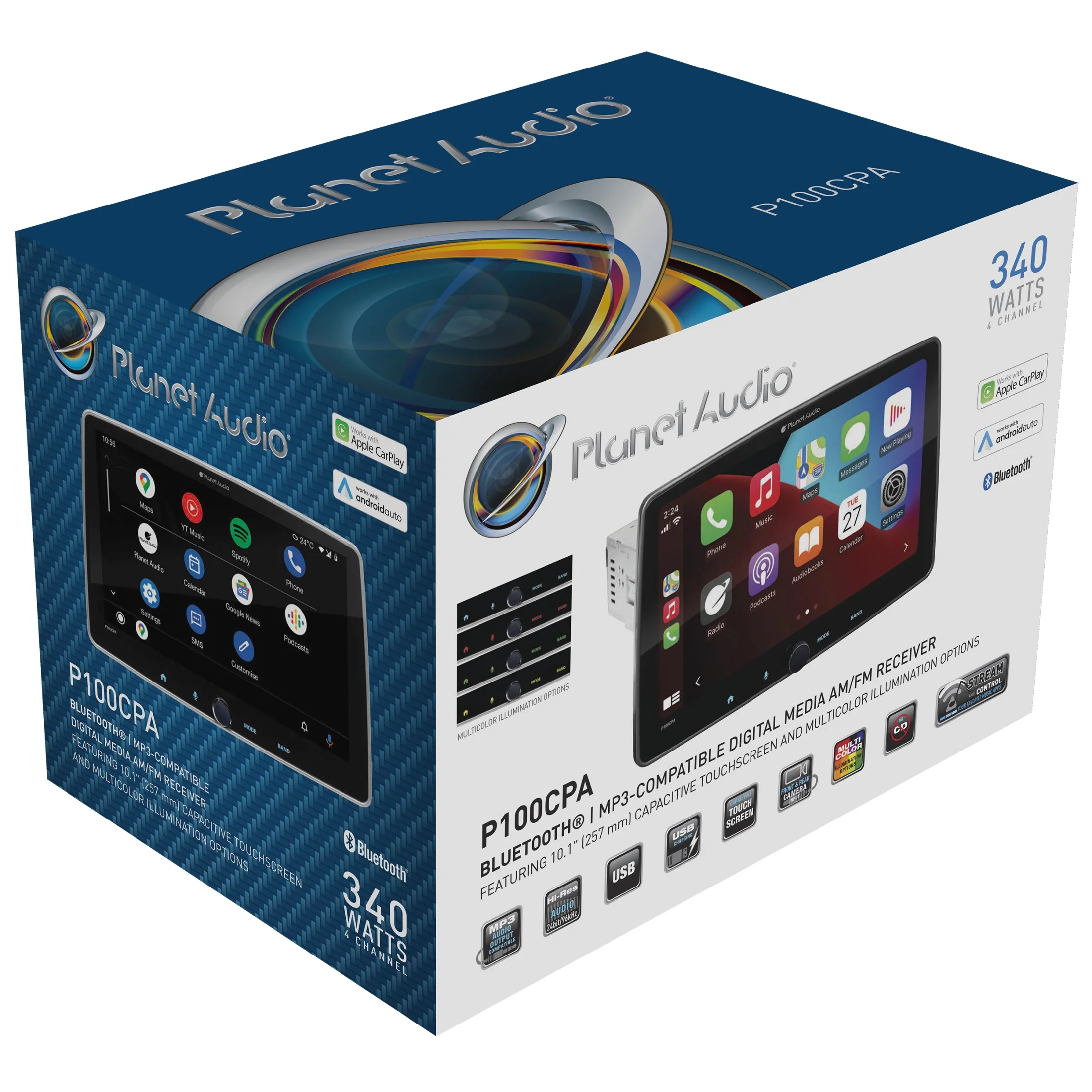 Planet Audio P100CPA Car Stereo - Apple CarPlay, Android Auto, Single Din, 10.1 Inch Touchscreen, Bluetooth, No CD DVD Player, AM/FM Radio Receiver