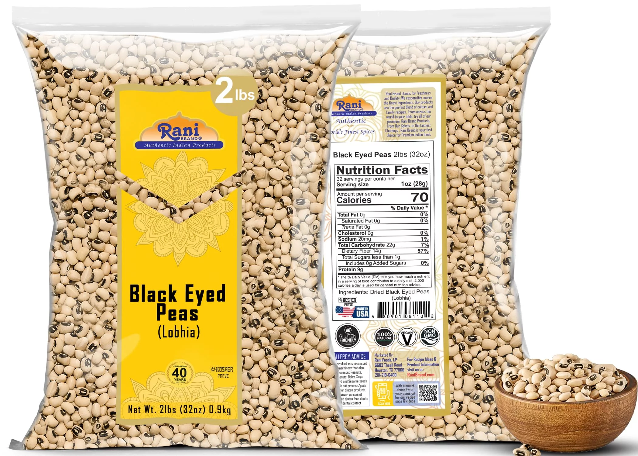Rani Black Eyed Peas, Dried Cowpeas (Lobhia) 32oz (2lbs) 908g ~ All Natural | Vegan | Kosher | Gluten Friendly | Product of USA