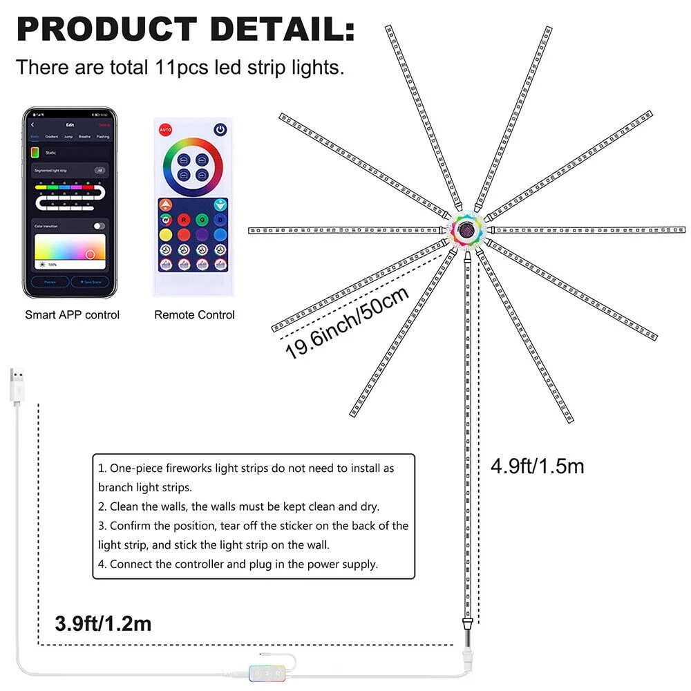 WiFi Smart LED Firework Strip Lights RGBIC Dream Colour Remote Music Speaker