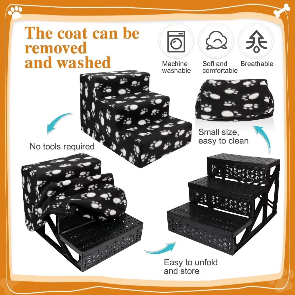 Vivifying Pet Stairs 3 Steps Indoor Dog Cat Steps Bed Ramp for Puppies up to 45 lbs Black with Paw