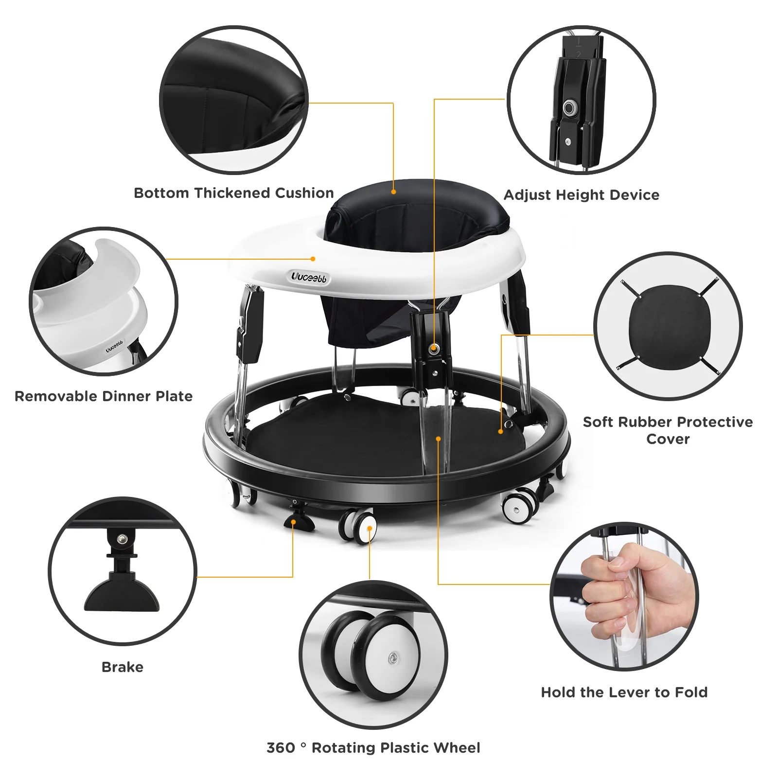 Uuoeebb Foldable Baby Walker Anti-Rollover 8-Wheel 5-Speed Height Adjustment for Infants 6-12 Months, Black