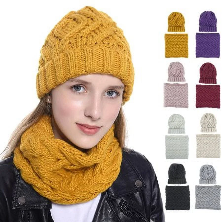 Viworld Winter Hat and Scarf Set for Women Warm Knitted Diamond Plaid Beanie Cap and Neck Warmer Scarf for Outdoor