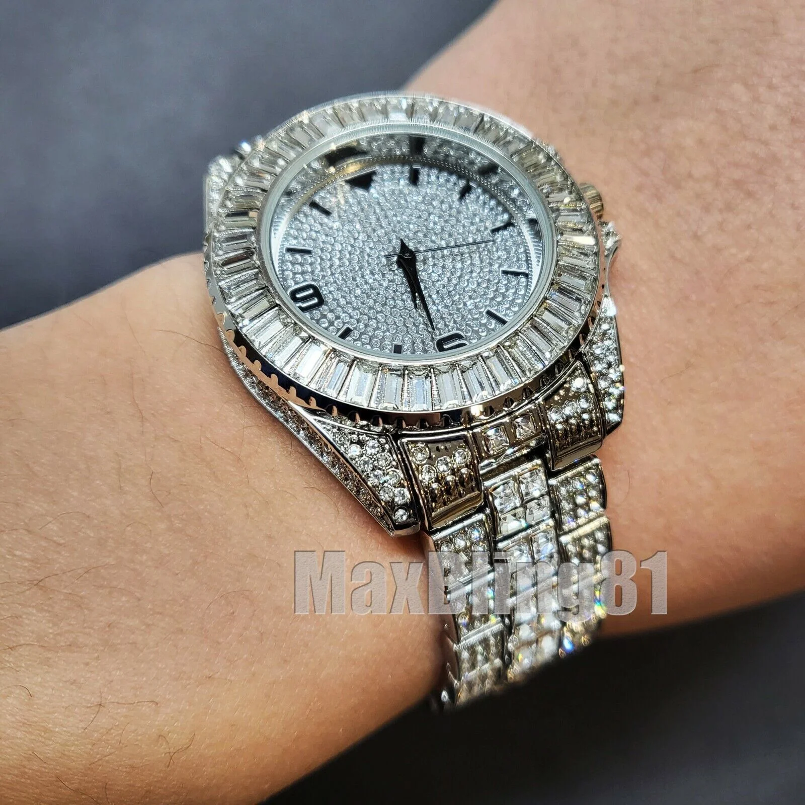 HIP HOP SILVER PT LUXURY METAL BLING WATCH & ICED BAGUETTE STONE BRACELET SET