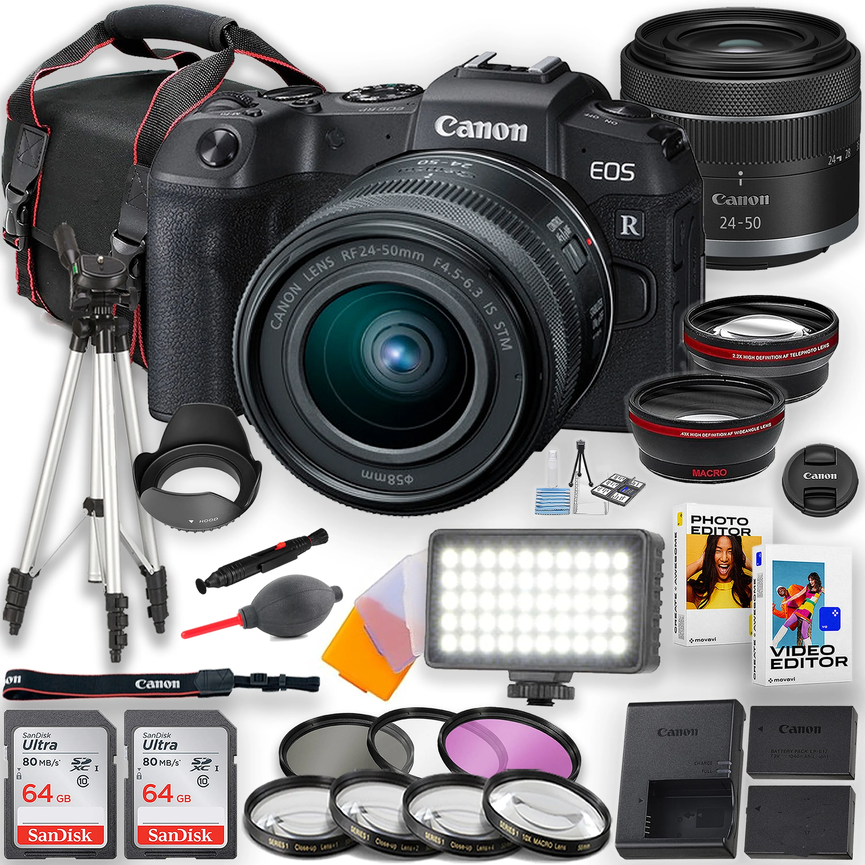 Canon EOS RP Mirrorless Camera with RF 24-50mm f/4.5-6.3 IS STM Lens and LED Video Light + 2pc 64GB Memory Cards, Camera Case, Filters, Extra Battery & More