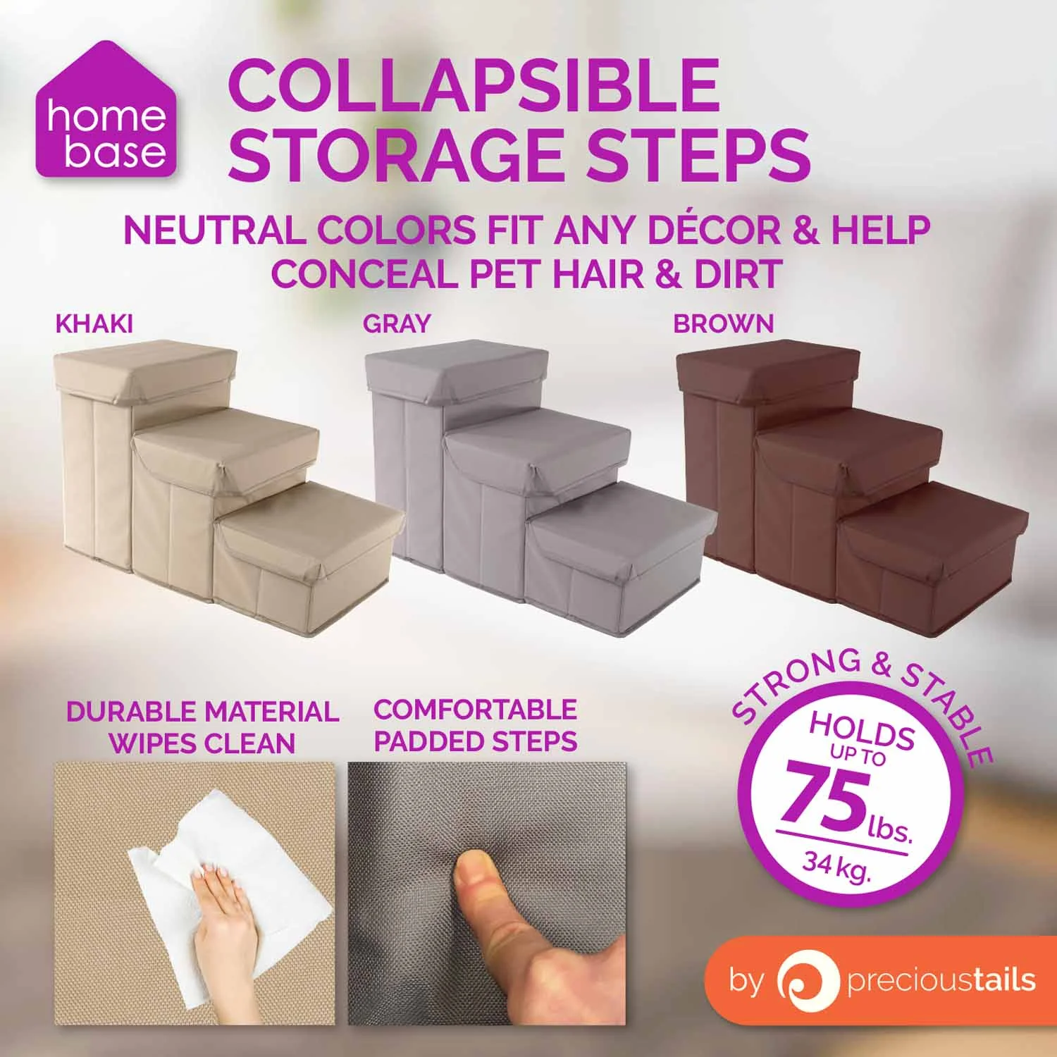 Precious Tails 3-Step Storage Foldable Dog Cat Pet Steps