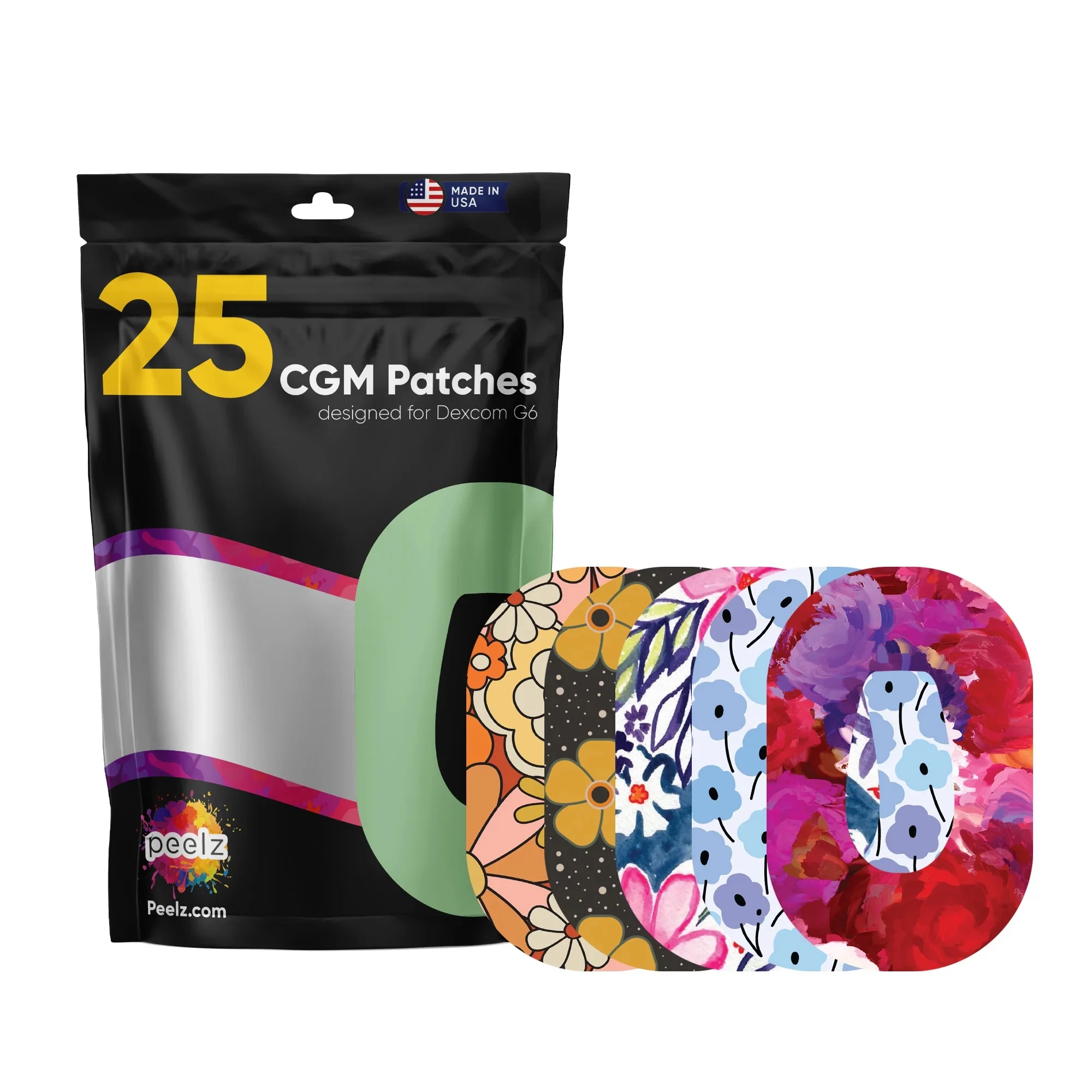 Peelz Dexcom G6 Adhesive Patches 25 Pack - US-Made Waterproof CGM Sensor Patches for 14+ Days - Sensitive Skin Diabetic Patches for Glucose Monitor - Dexcom Stickers - (Floral Pack)