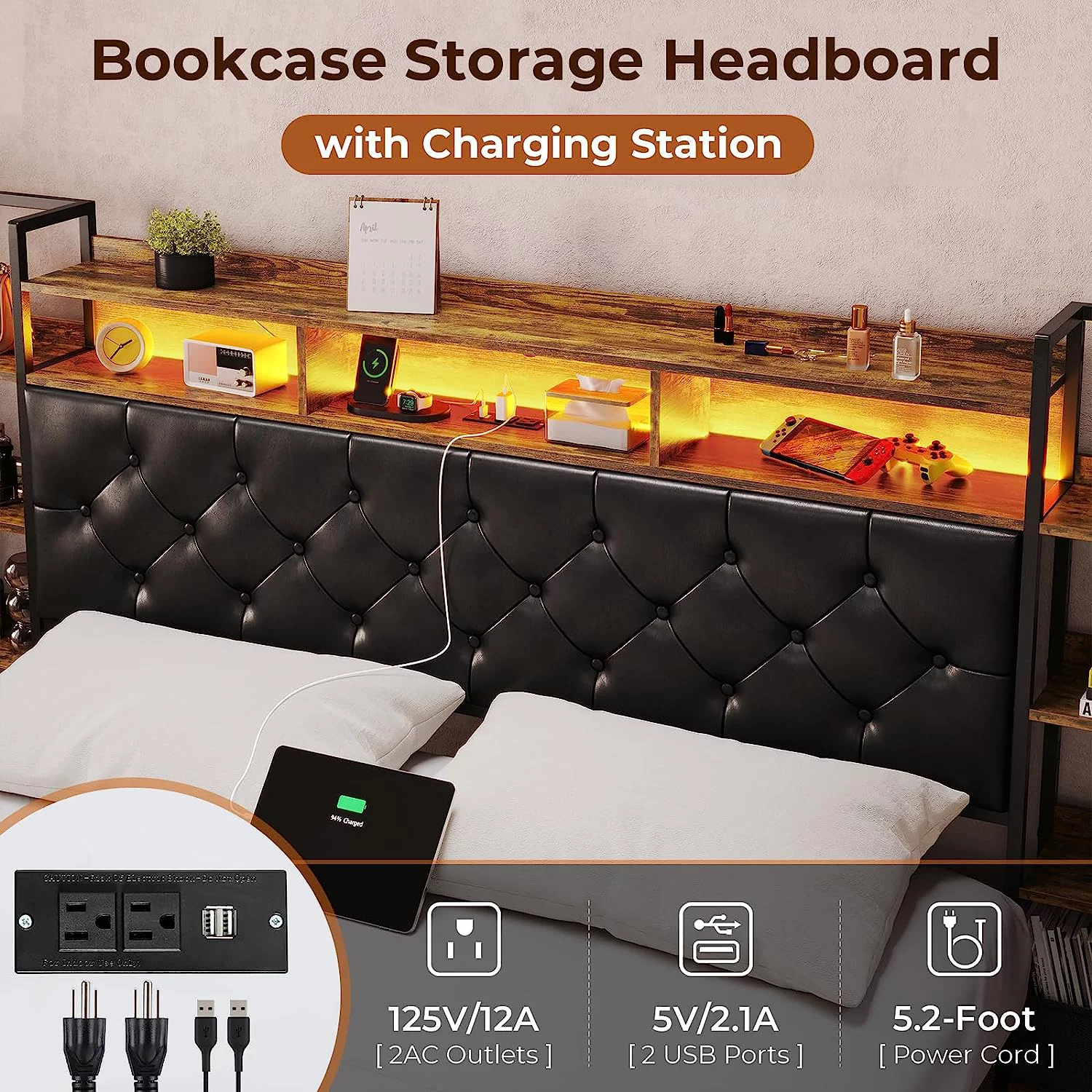 Mabor Full LED Bed Frame with Storage Headboard & Charging Station, Metal Platform Bed Frame with Bookshelf, No Box Spring Needed, Black