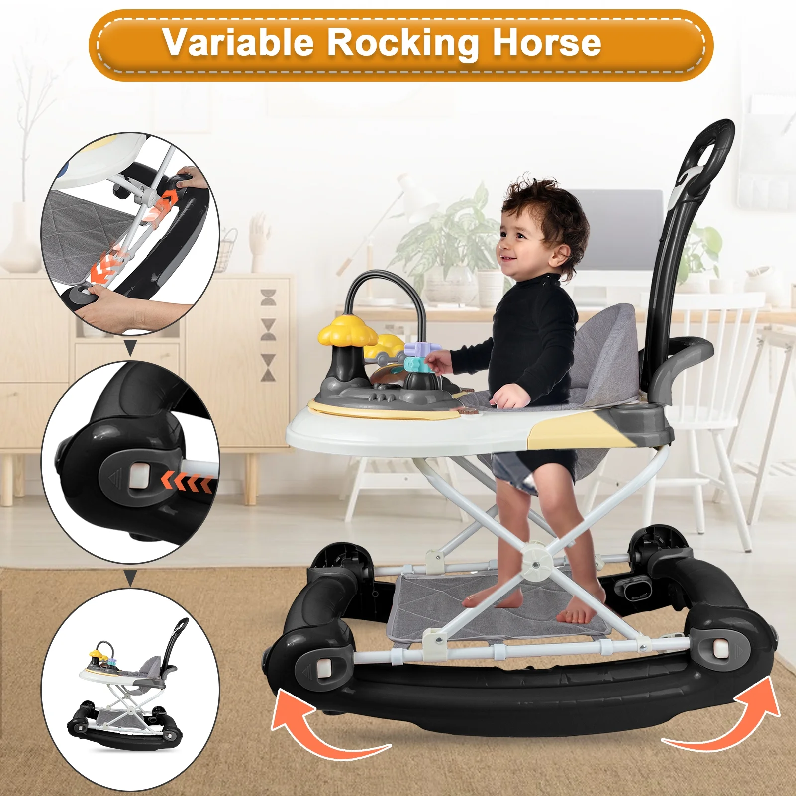 ANJORALA Baby Walker with Music and Toys, Infant Walker for Boys Girls, Adjustable Heights, Black