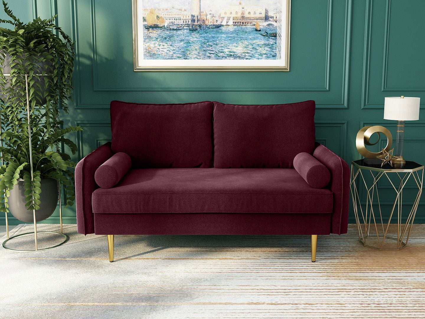 Koby Home's Collection Aspen Transitional Loveseat, Upholstered in Performance Velvet with Round Arms, Cushion Back, and Metal Legs, 2-Seater for Small Space, Burgundy Red Color