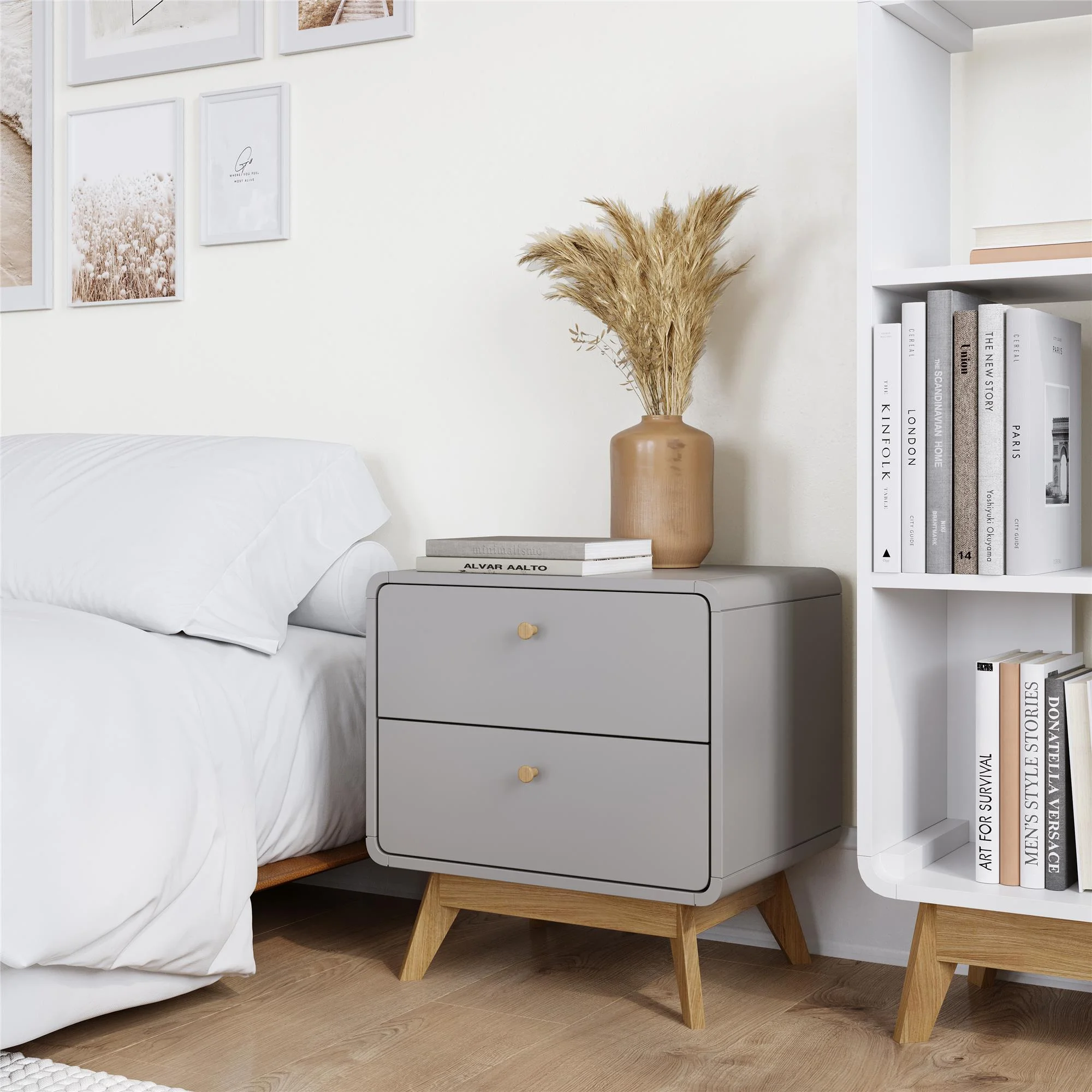 Ren Home Leva Scandinavian 2 Drawer Nightstand, Gray