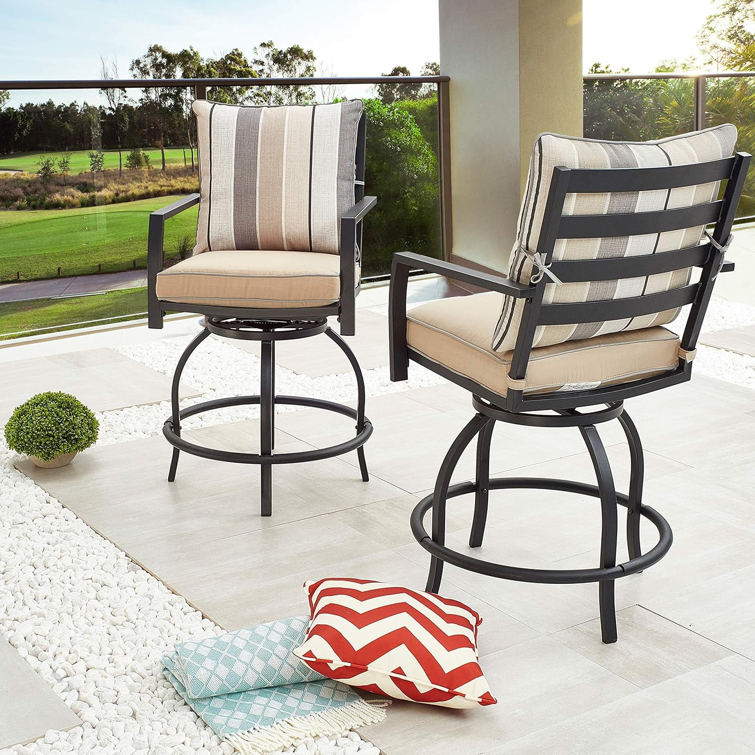 Patio Set Swivel Chairs Bistro Height With Arms Outdoor Dining All Weather Bar Stools With Cushion(Set Of 2), Beige