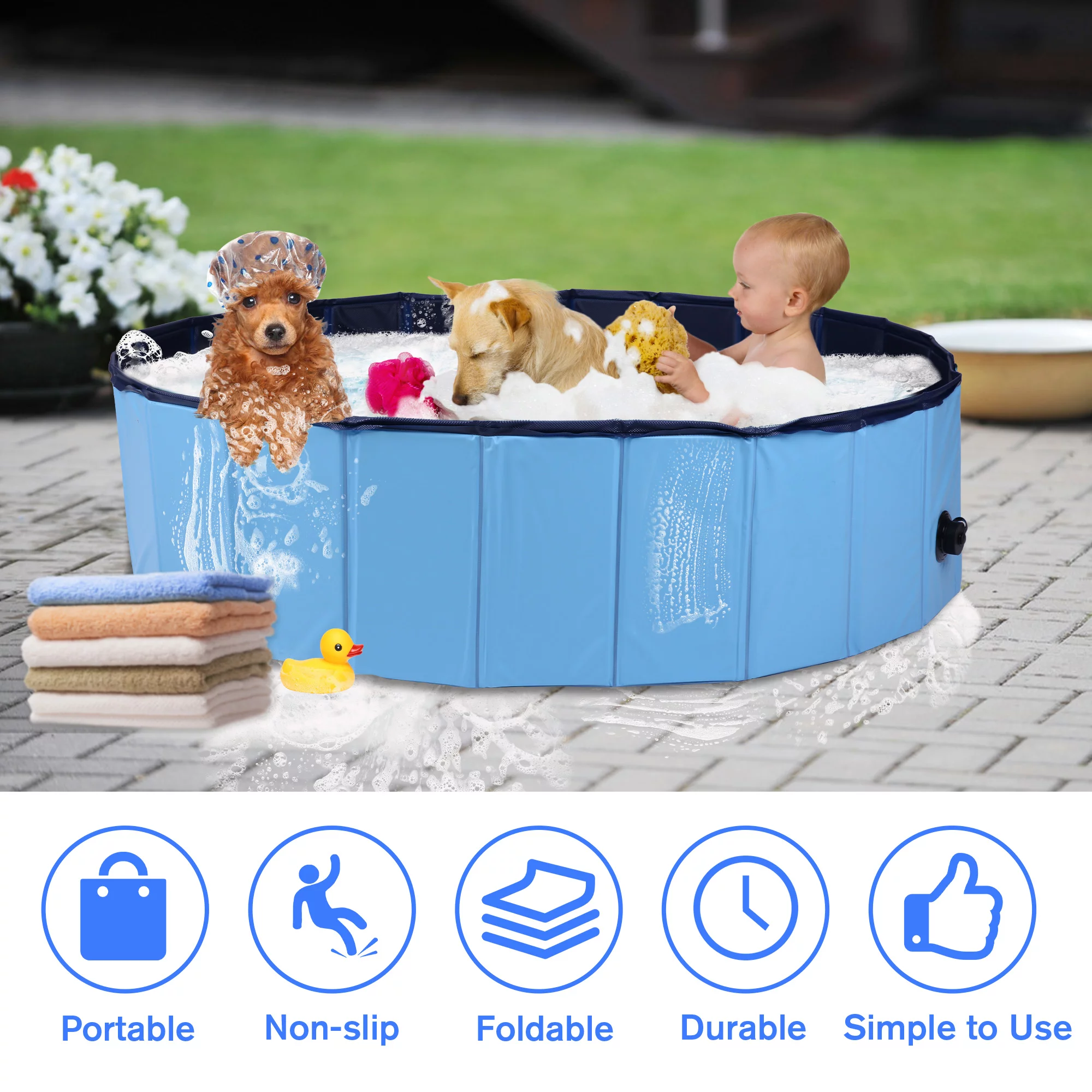 KARMAS PRODUCT Foldable Pet Swimming Pool for Dogs Easy to Fold Fill Empty & Clean Slip-Resistant PVC Bathing Tub Kiddie Pool for Puppy Small Large Dogs Cats and Kids