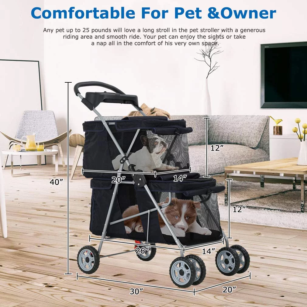 Double Pet Stroller for 2 Small Medium Dogs or Cats, Travel Folding Carrier Waterproof Puppy Stroller