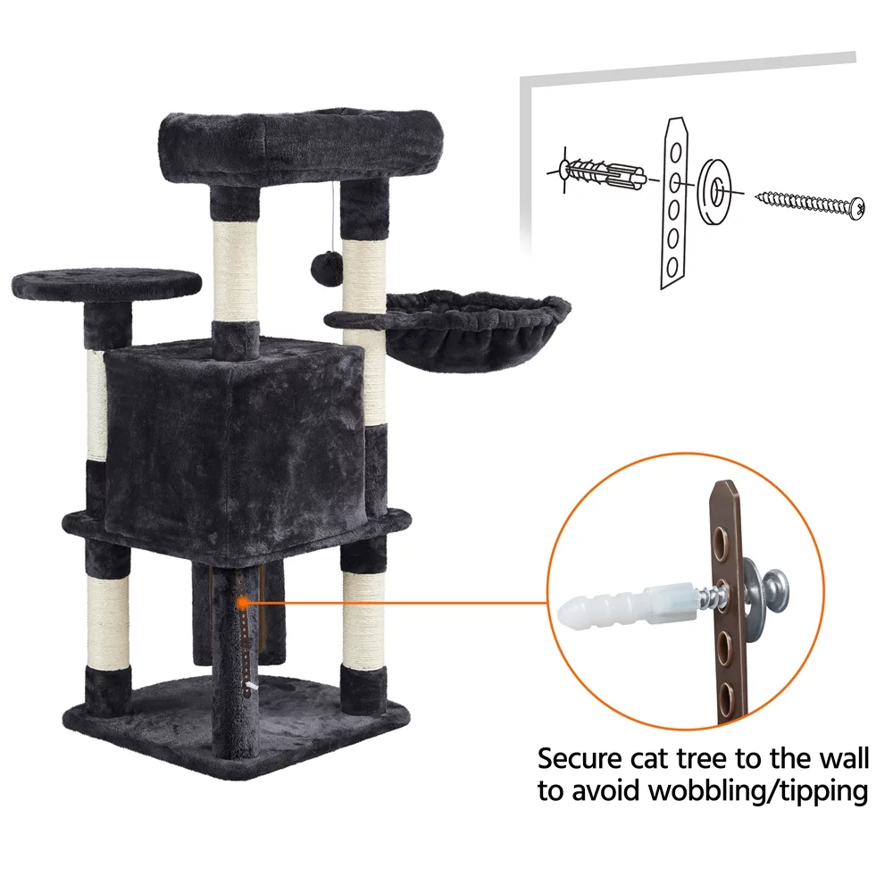 Easyfashion Professional Cat Tree Plush Tower with Basket for Small Kittens, Indoor, Black