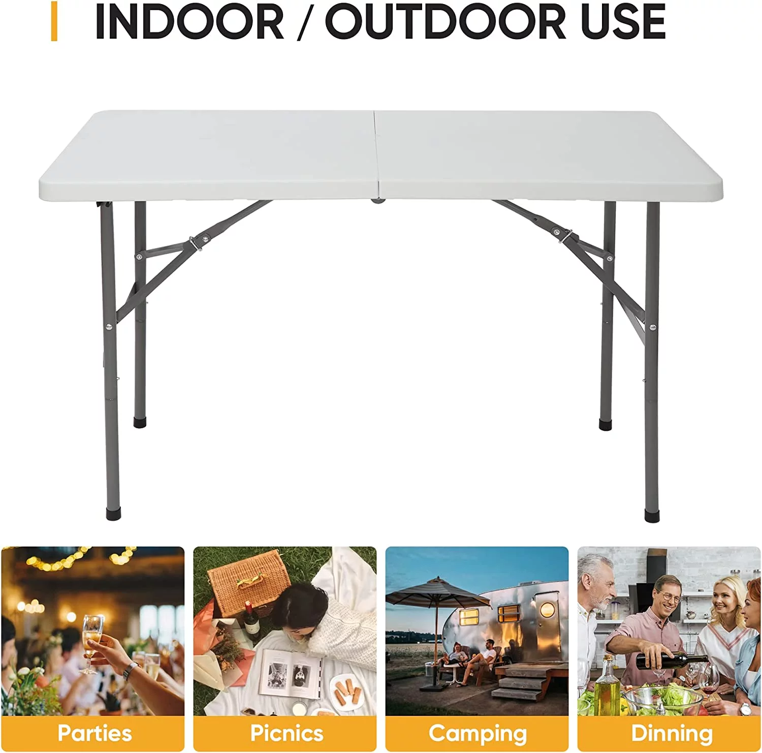 Portable 4 Foot Plastic Folding Table, Indoor Outdoor Heavy Duty Fold-in-Half Picnic Party Camping Barbecues Table with Carrying Handle, White