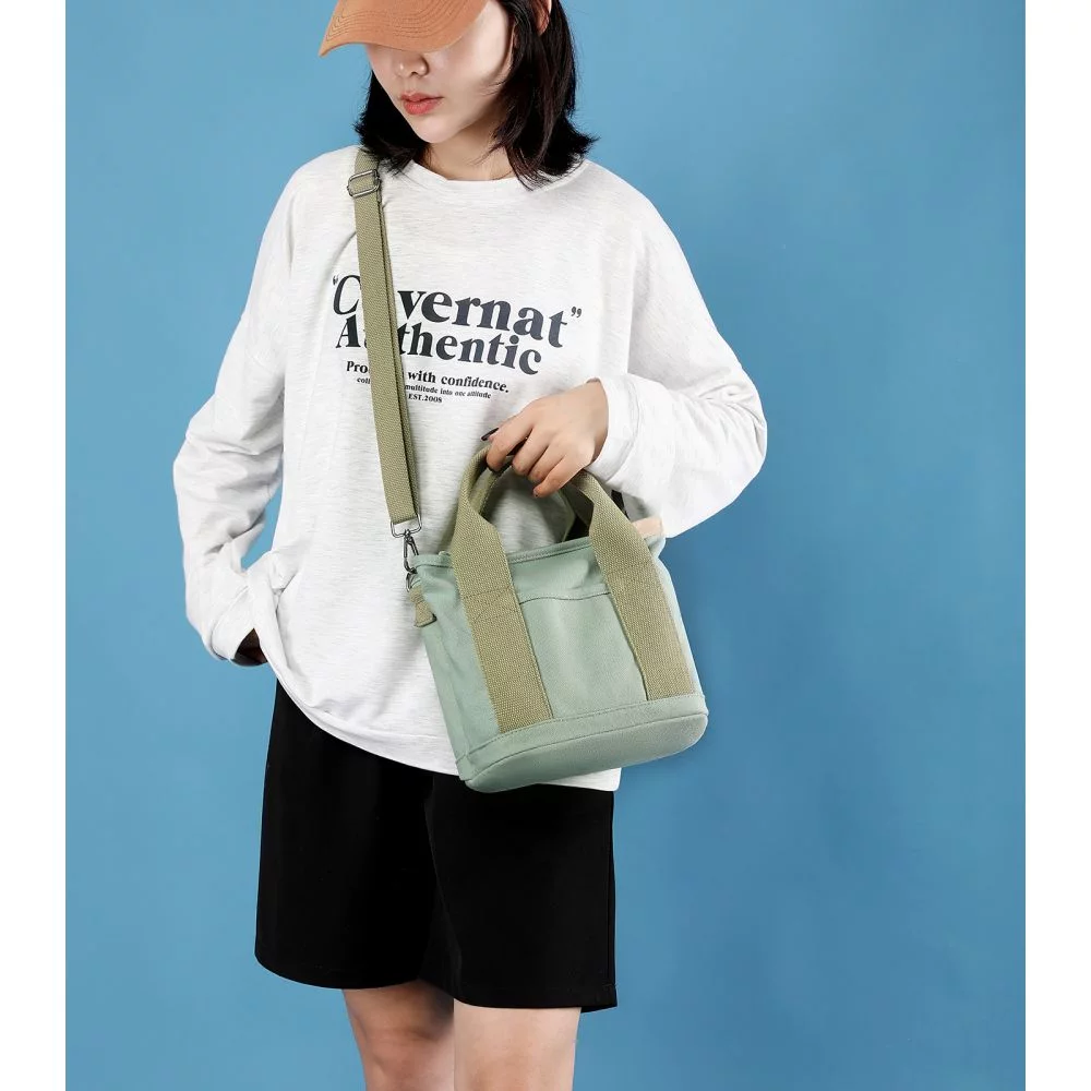 Small Cute Canvas Tote Crossbody Shoulder Bag W/Multiple Pockets Mini Casual Satchel Hobo Handbag Messenger Purse for Women