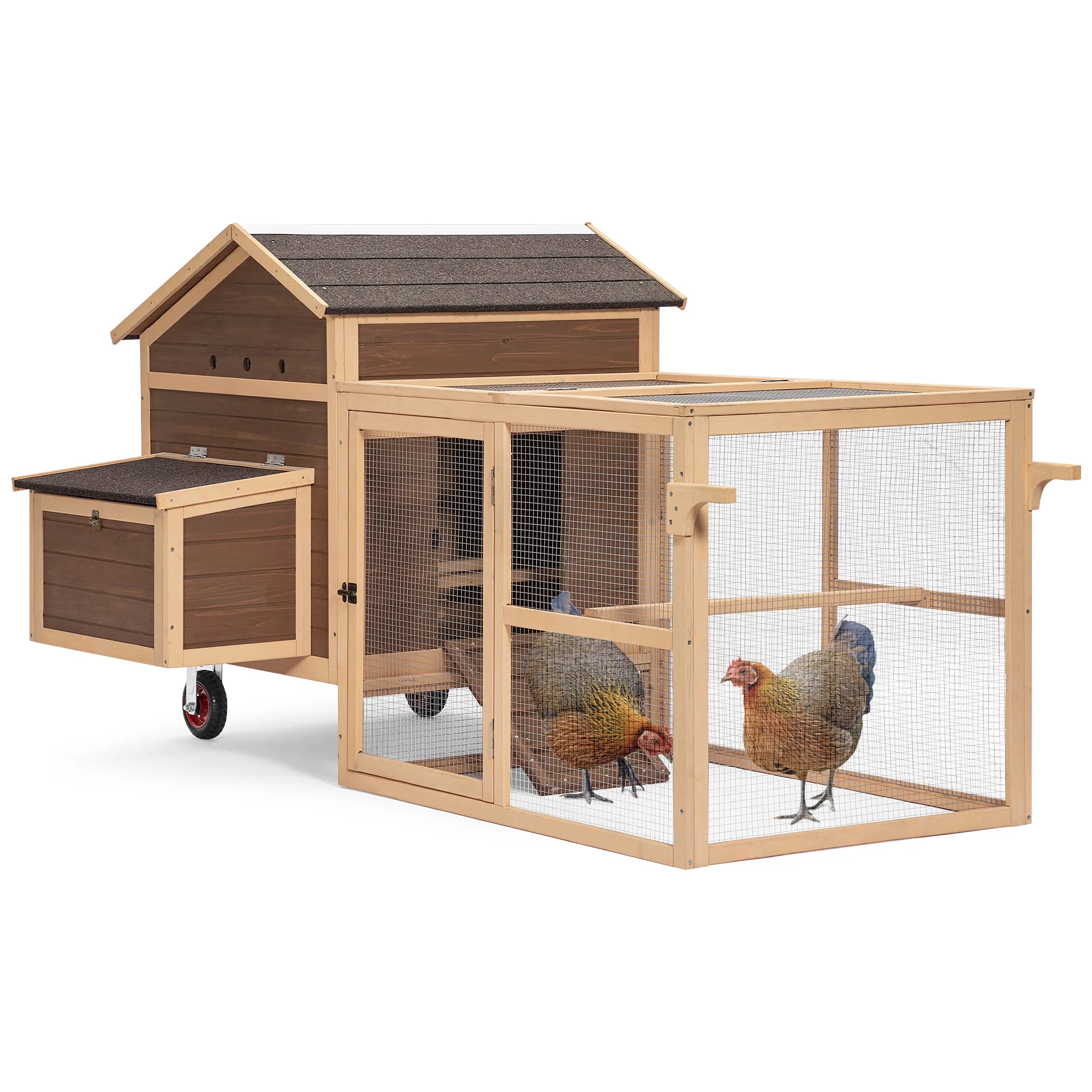 81”L Movable Chicken Coop with Wheels for 4-6 Chickens, Outdoor Chicken Coop with Run and Nesting Box Wooden Duck House Poultry Cage Chicken Hutch with Ramps for Hens Ducks and Rabbits