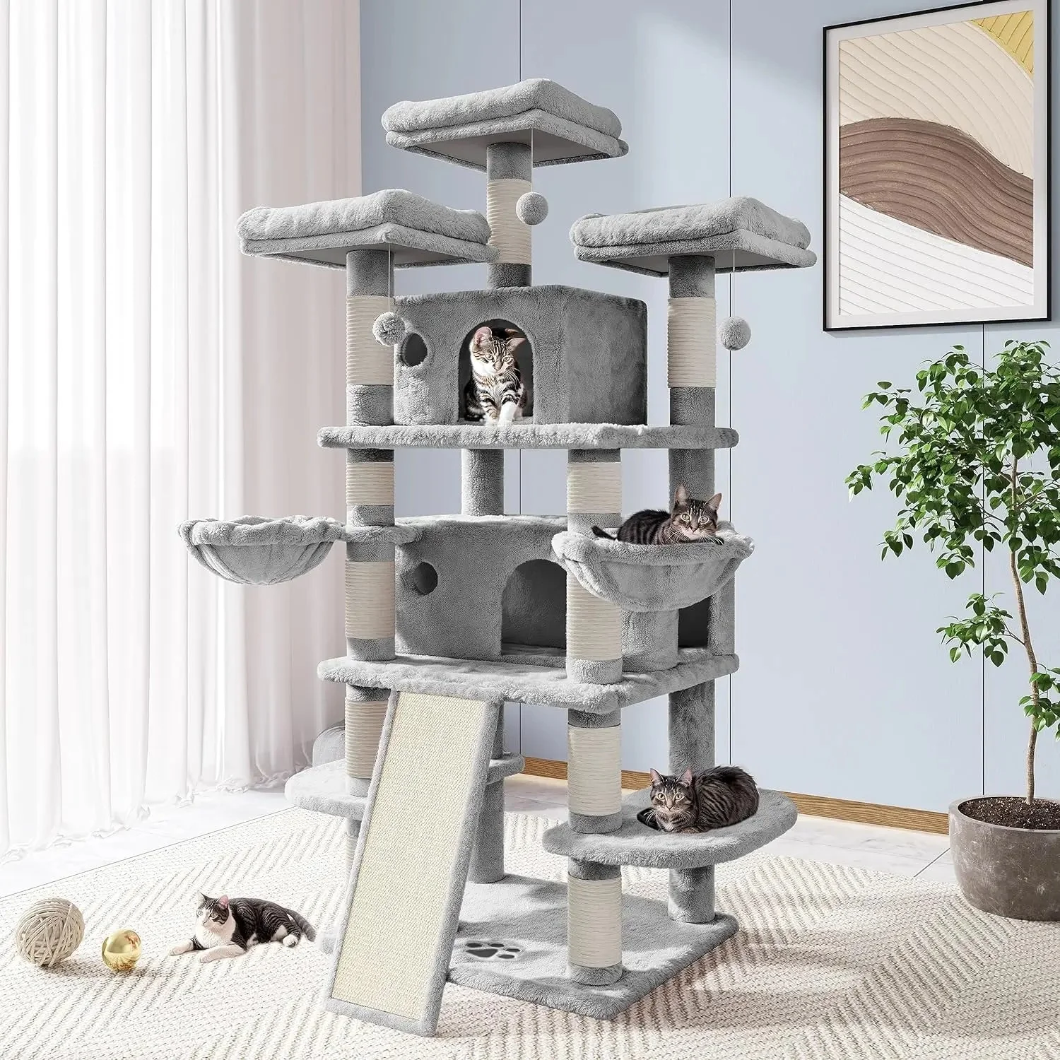 68 Inches Multi-Level Large Cat Tree for Indoor Climbing Tree With Condo Perches Scratching Post Things for Cats Pet
