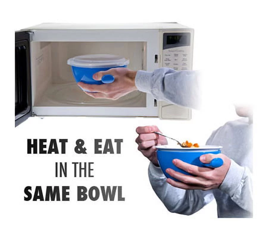 Cool Touch Microwave Safe 3 Piece Bowl Set, 24 Oz – Heat, Eat And Store All In One – Quality Ceramic Bowl, Heat Holder and Lid – Easy Clean Dishwasher Safe – Microwave Bowl, Blue