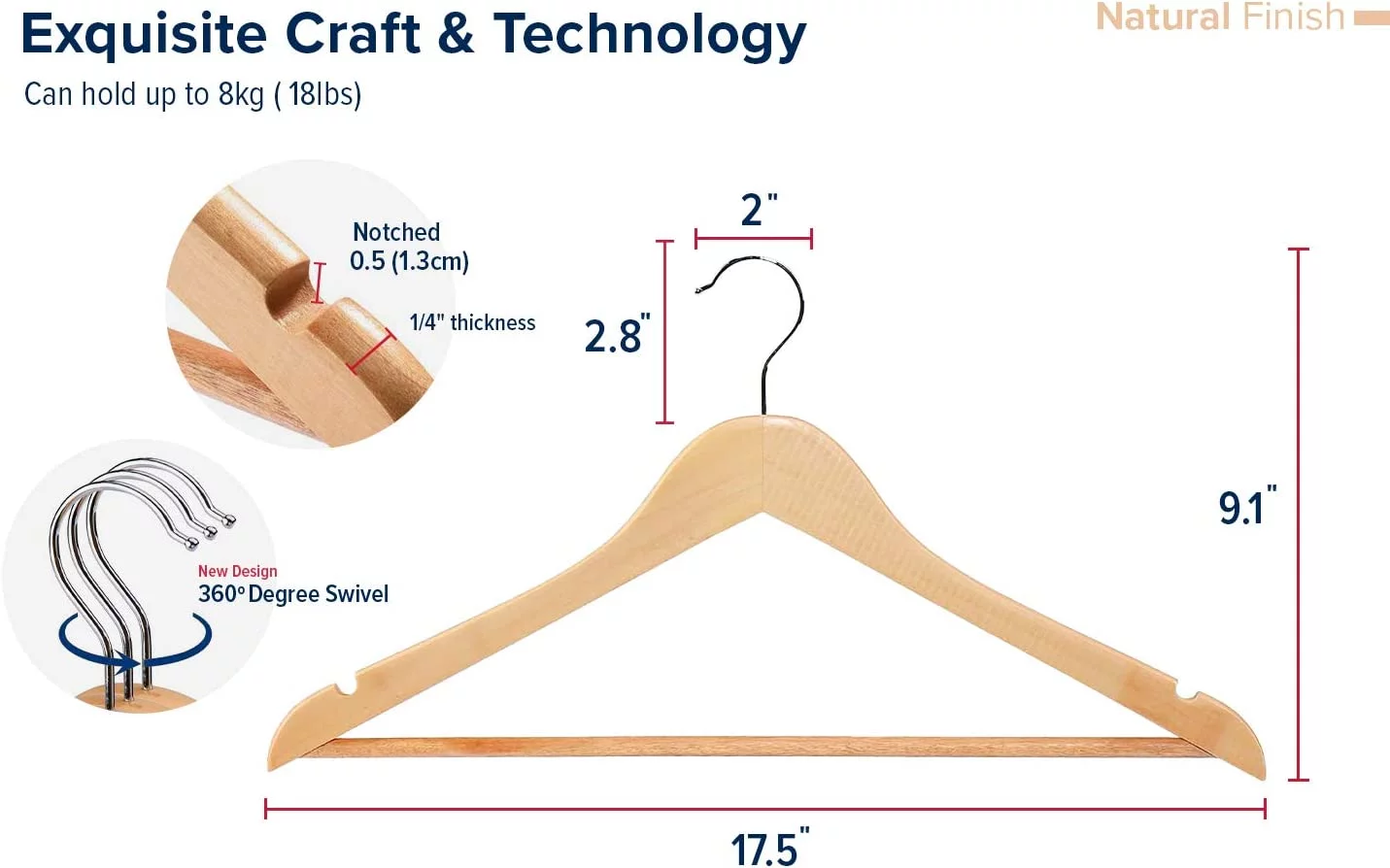 Wooden Hangers 20 Pack - Durable Non Slip Coat Hangers Heavy Duty- Natural Solid Wood Hangers - Clothes Hangers with Chrome Swivel Hooks - Great for Jacket, Dress, Suit Hangers, Home-It