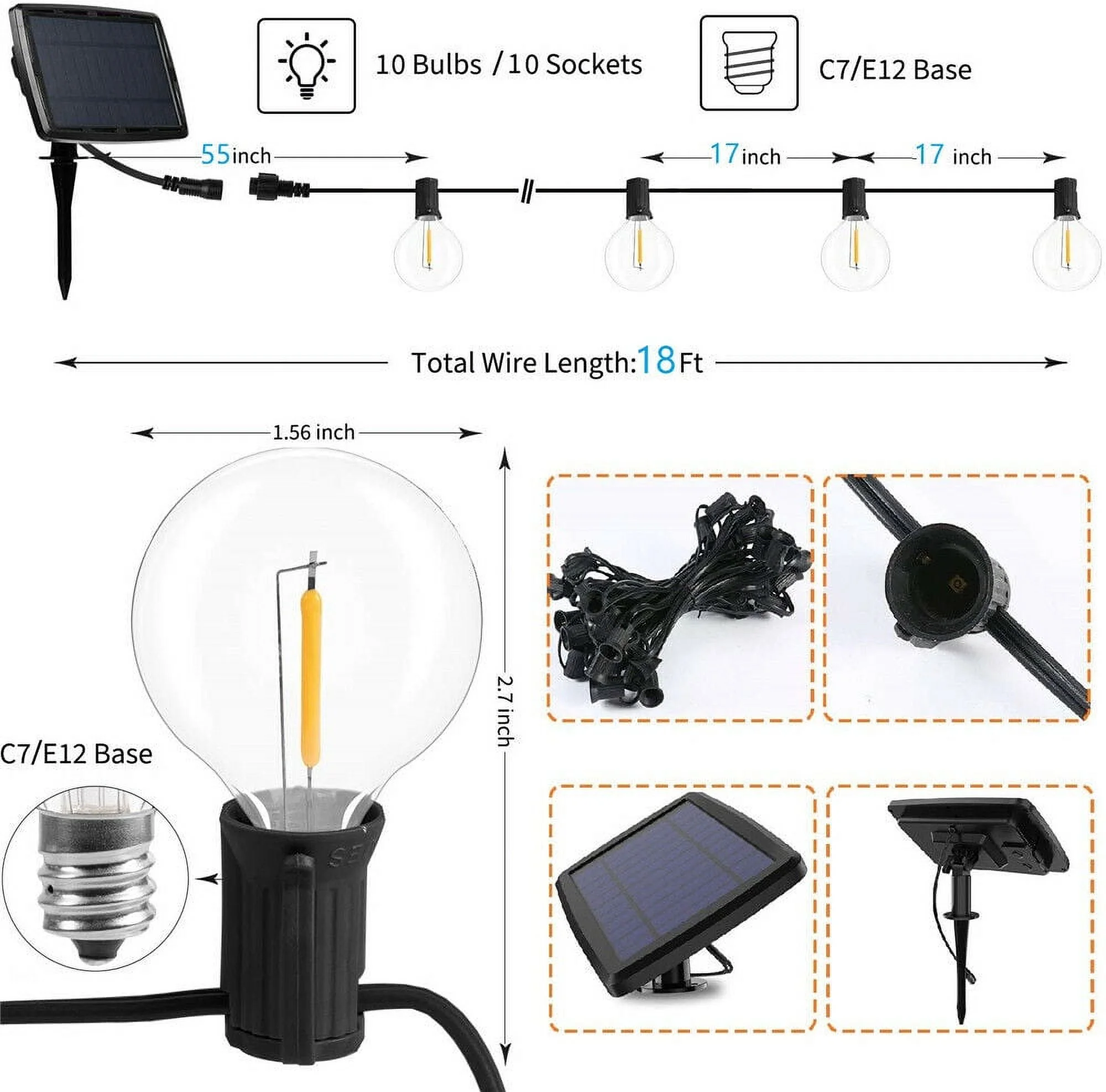 G40 Solar Powered 18ft Outdoor Patio Globe String Lights Bistro Yard Decoration