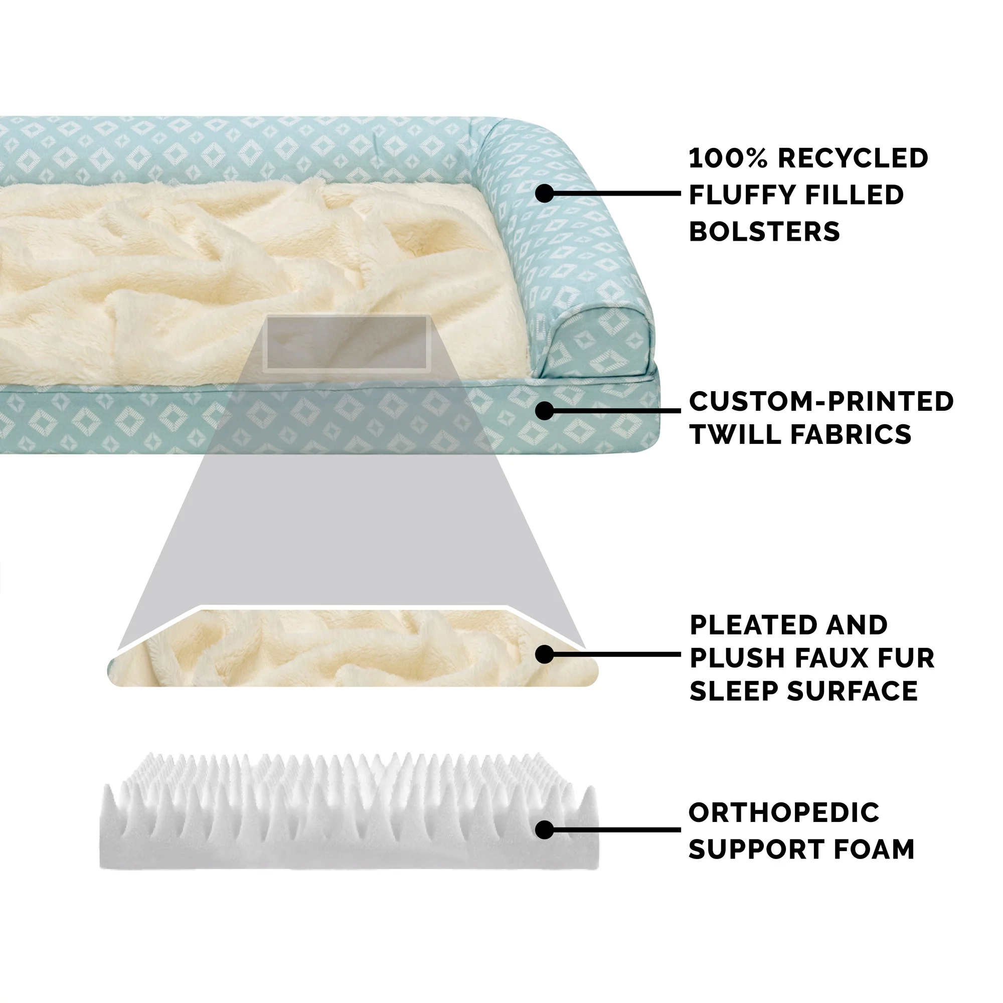 FurHaven Pet Products Plush Fur & Diamond Print Nest-Top Orthopedic Sofa-Style Pet Bed for Dogs & Cats - Aqua, Medium