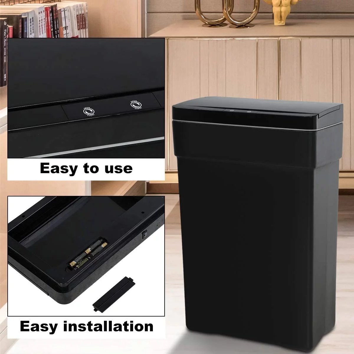 Dkeli Plastic Kitchen Trash Can Automatic 13 Gallon Garbage Can with Lid, Black