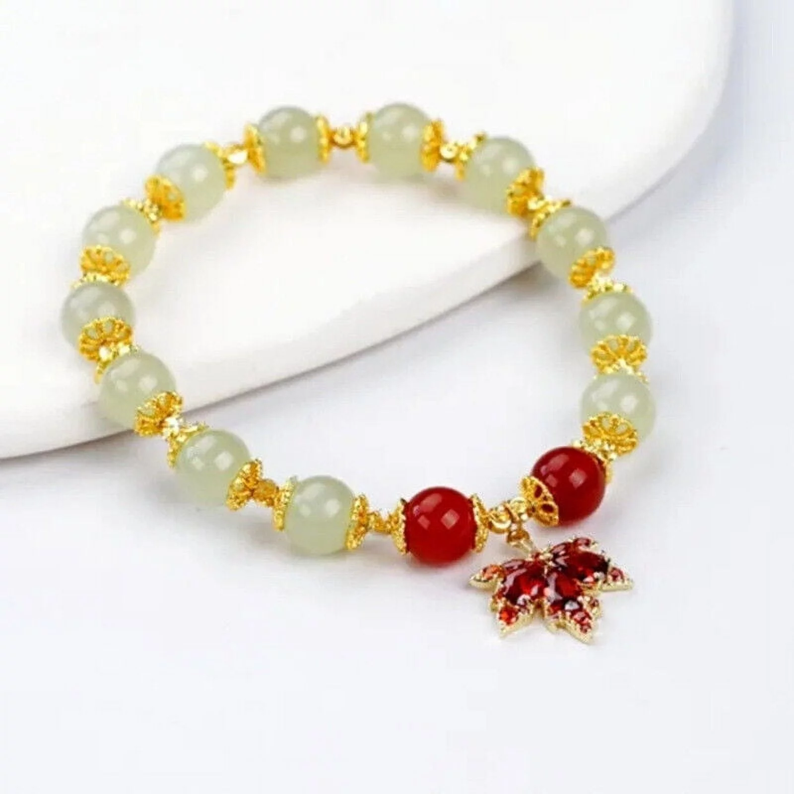 Chinese Natural Green Jade Bracelets for Women,Luck Beaded Jewelry with Elastic