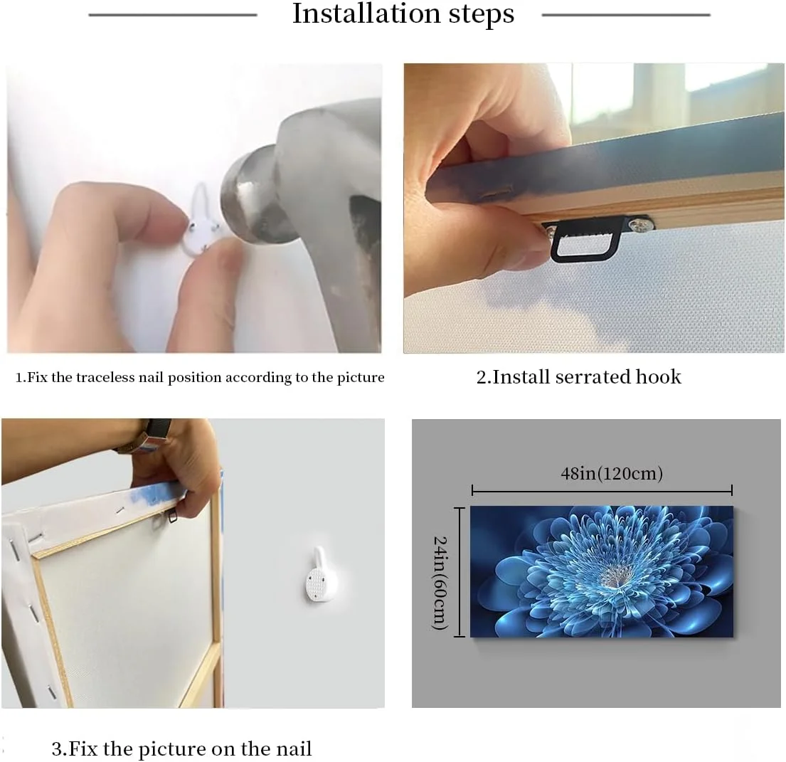 Large living room wall art/Blue canvas 3D textured flowers/For elegant and modern room decor/Framed wall art in bedroom office kitchen.