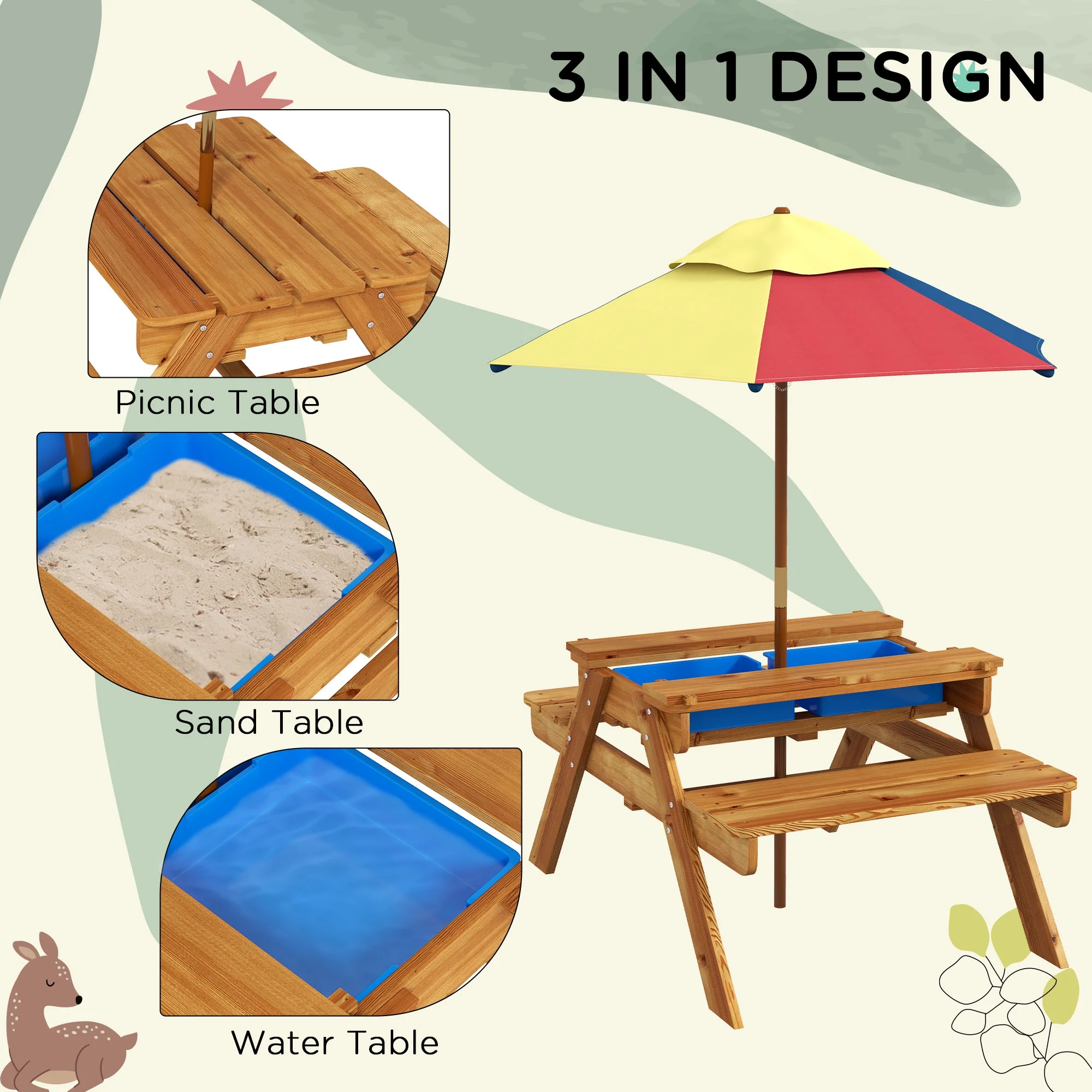 Outsunny 3 in 1 Kids Sand and Water Activity Table W/ Foldable Umbrella