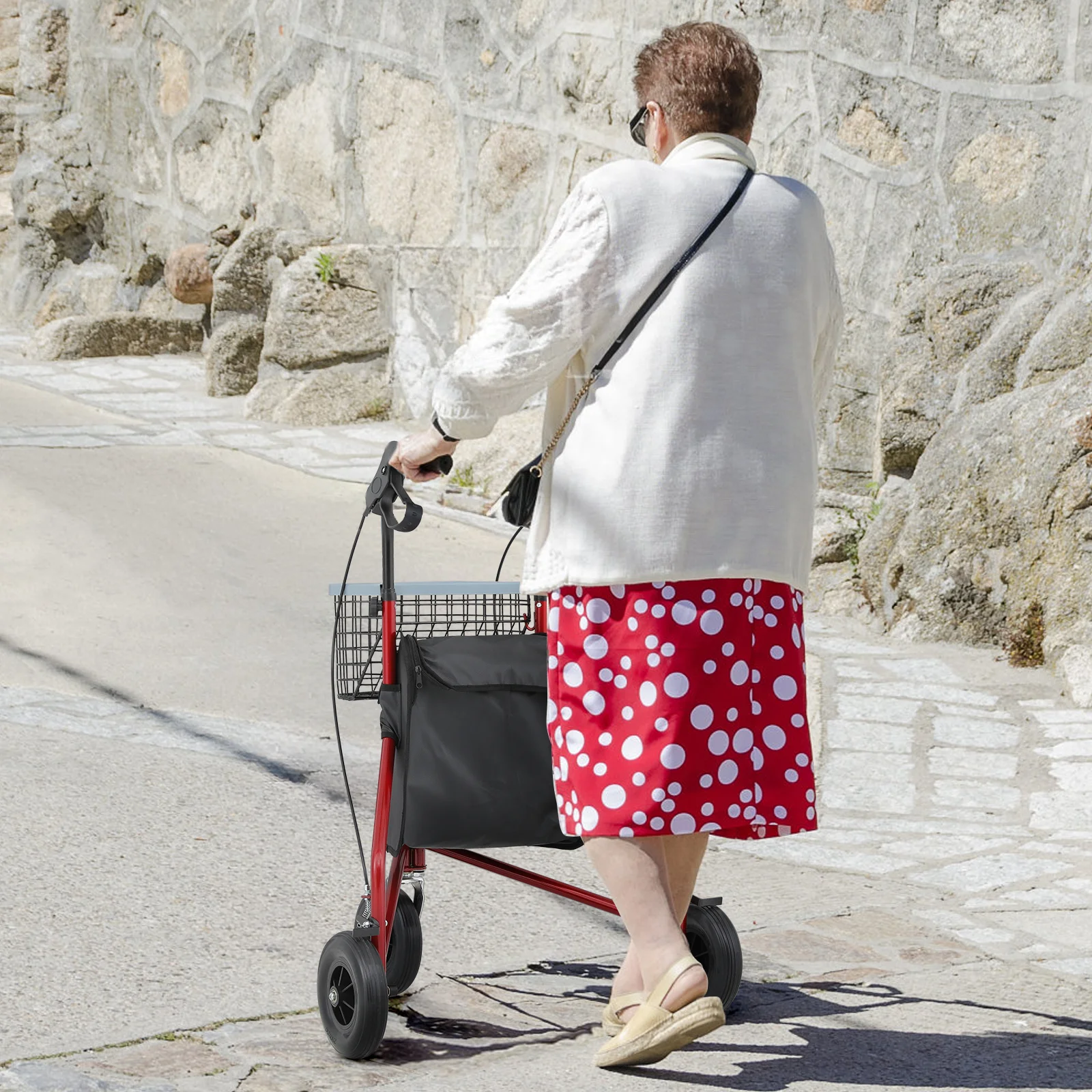 Magshion Folding Steel Rollator Walker, Rolling Walker with w/Oxford Bag & Detachable Basket for Adult, 3 Wheels 220lbs Weight Capacity, Burgundy Red Frame