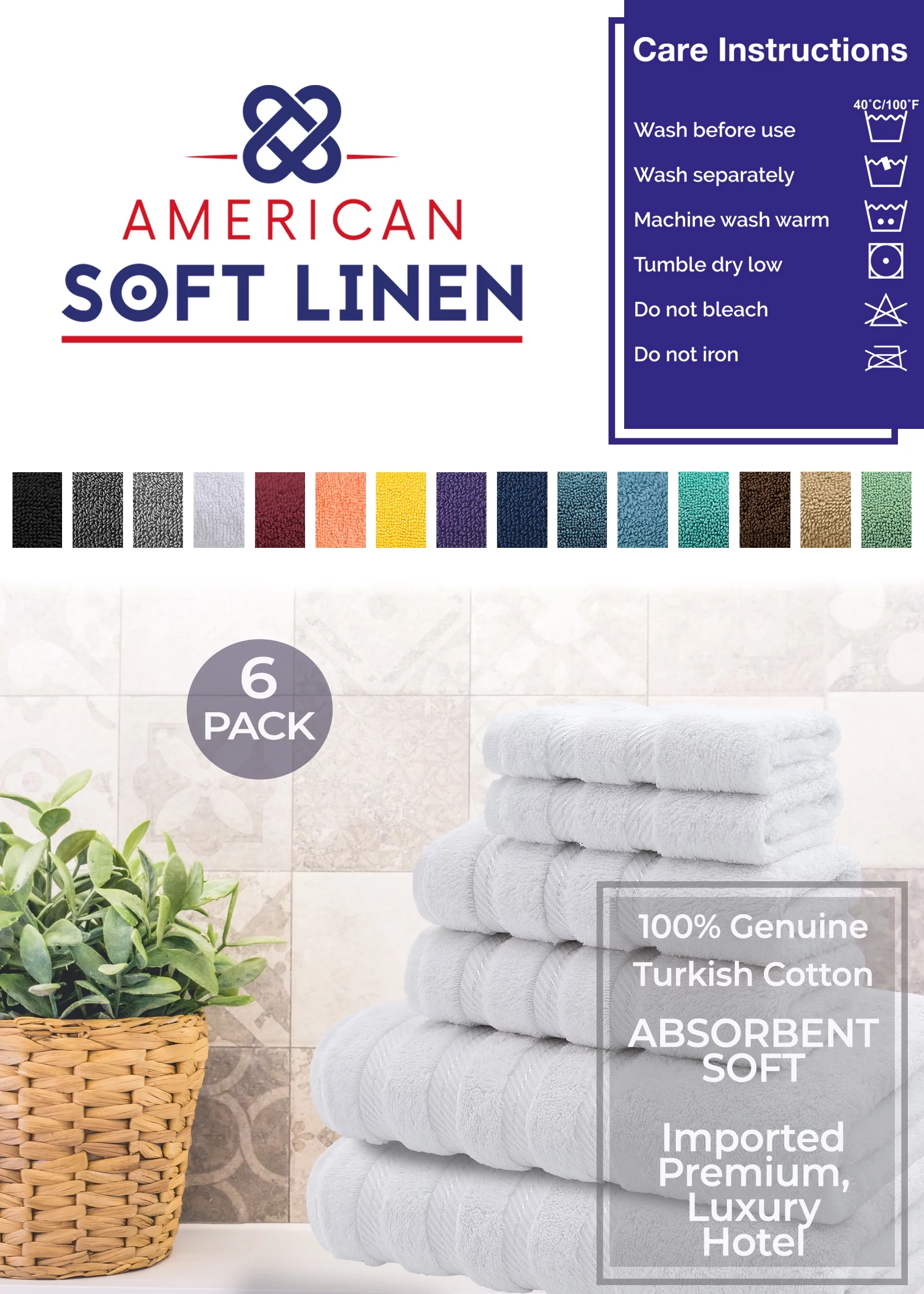 American Soft Linen White Towel Set 100% Turkish Cotton Towels for Bathroom 6 Piece